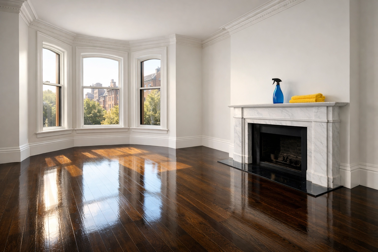 Pristine Boston apartment move-out cleaning in an empty brownstone with polished hardwood floors.