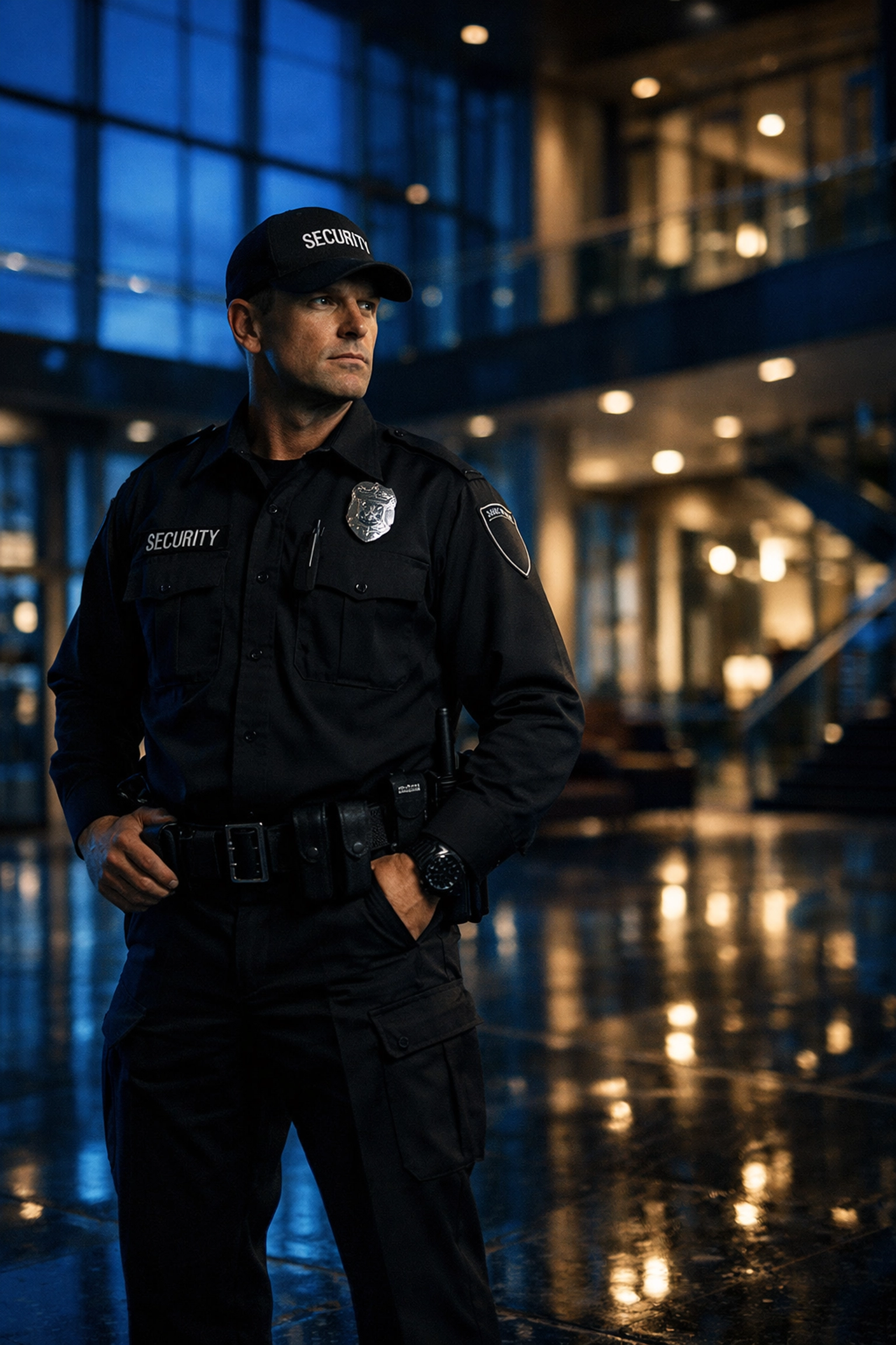 Professional security officer in a modern university lobby providing campus safety and protection.