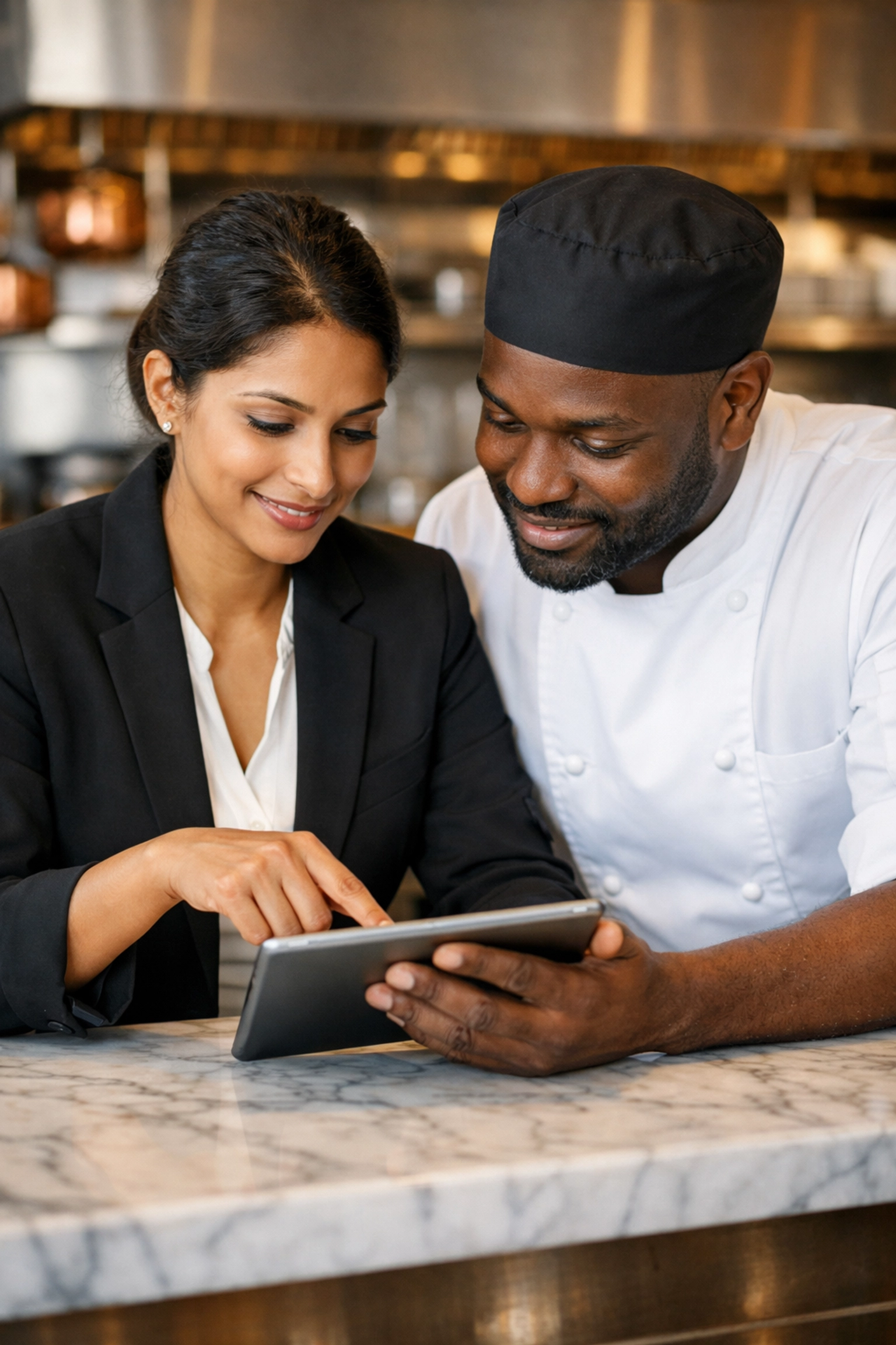 Restaurant management team reviewing data to optimize menu engineering and business profitability.