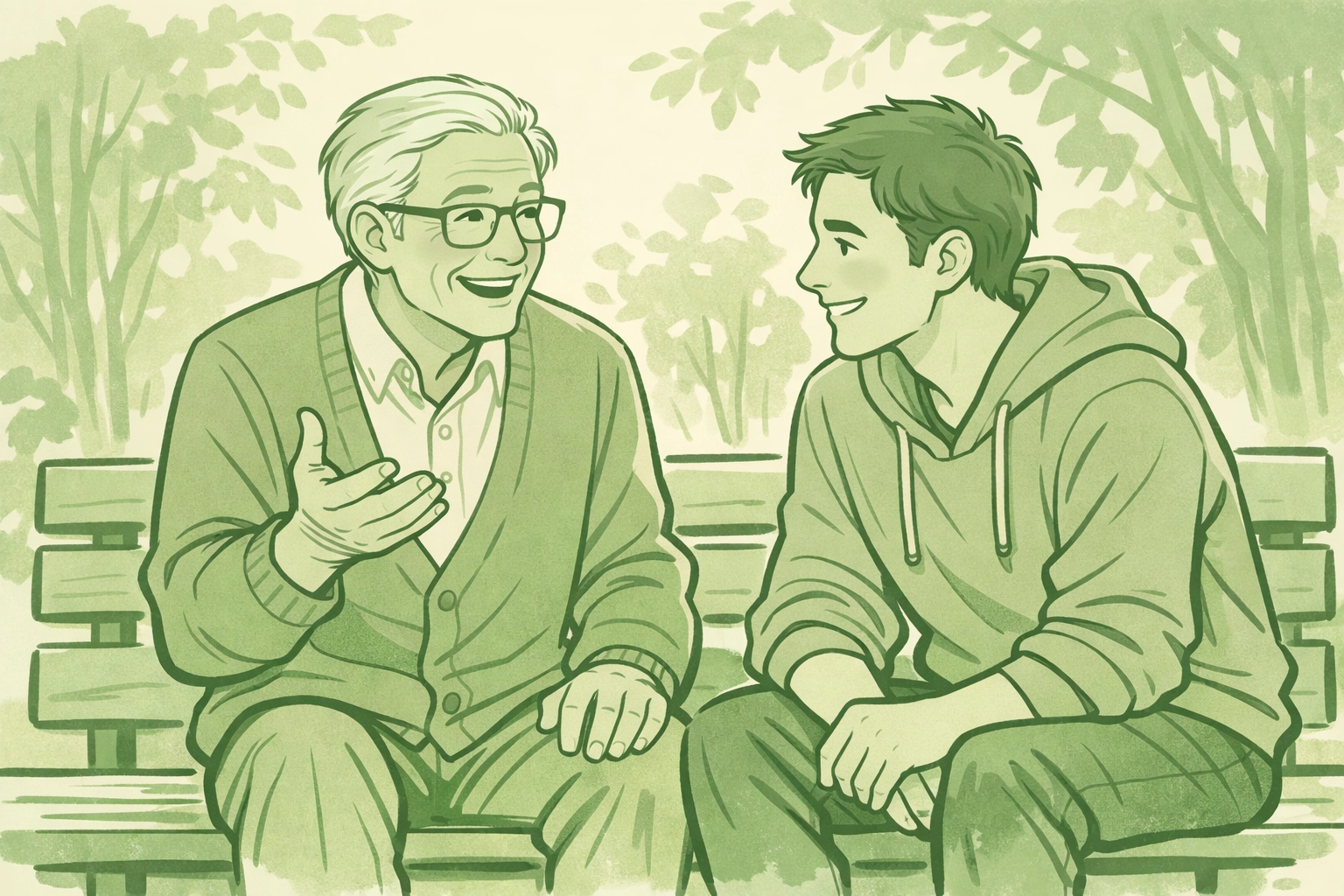 Gay elder and young man in conversation on park bench showing intergenerational queer friendship