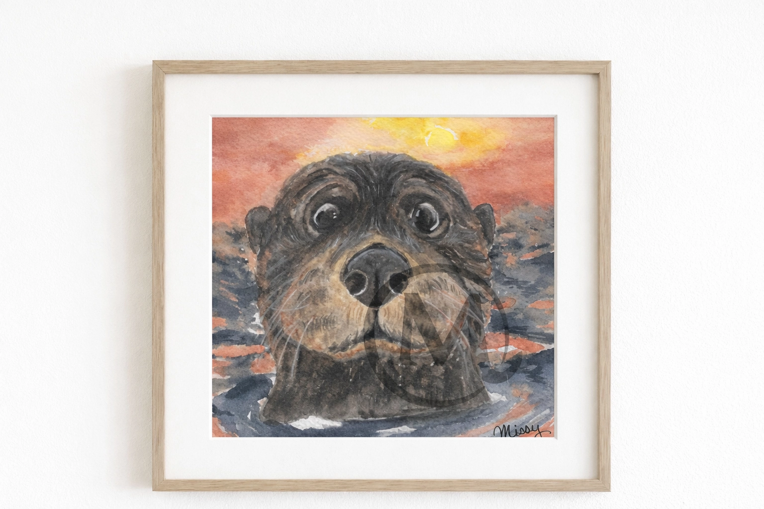 Missy original watercolor otter print displayed in a mockup frame with watermark intact