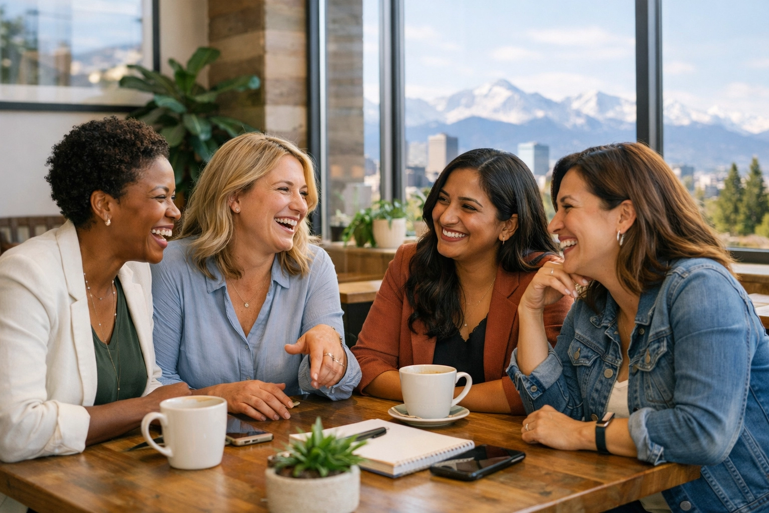 Professional women having a deep business conversation at a Denver coffee shop