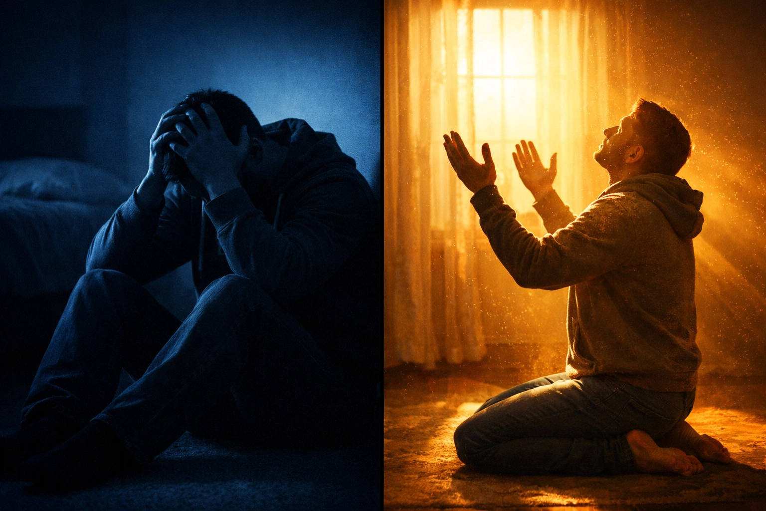 Person experiencing shame in darkness versus finding hope through prayer and conviction