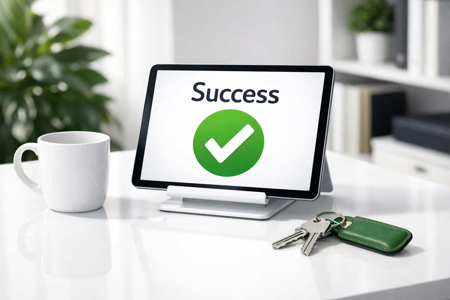 Managed business website services shown on a tablet with a success icon in a modern home office.