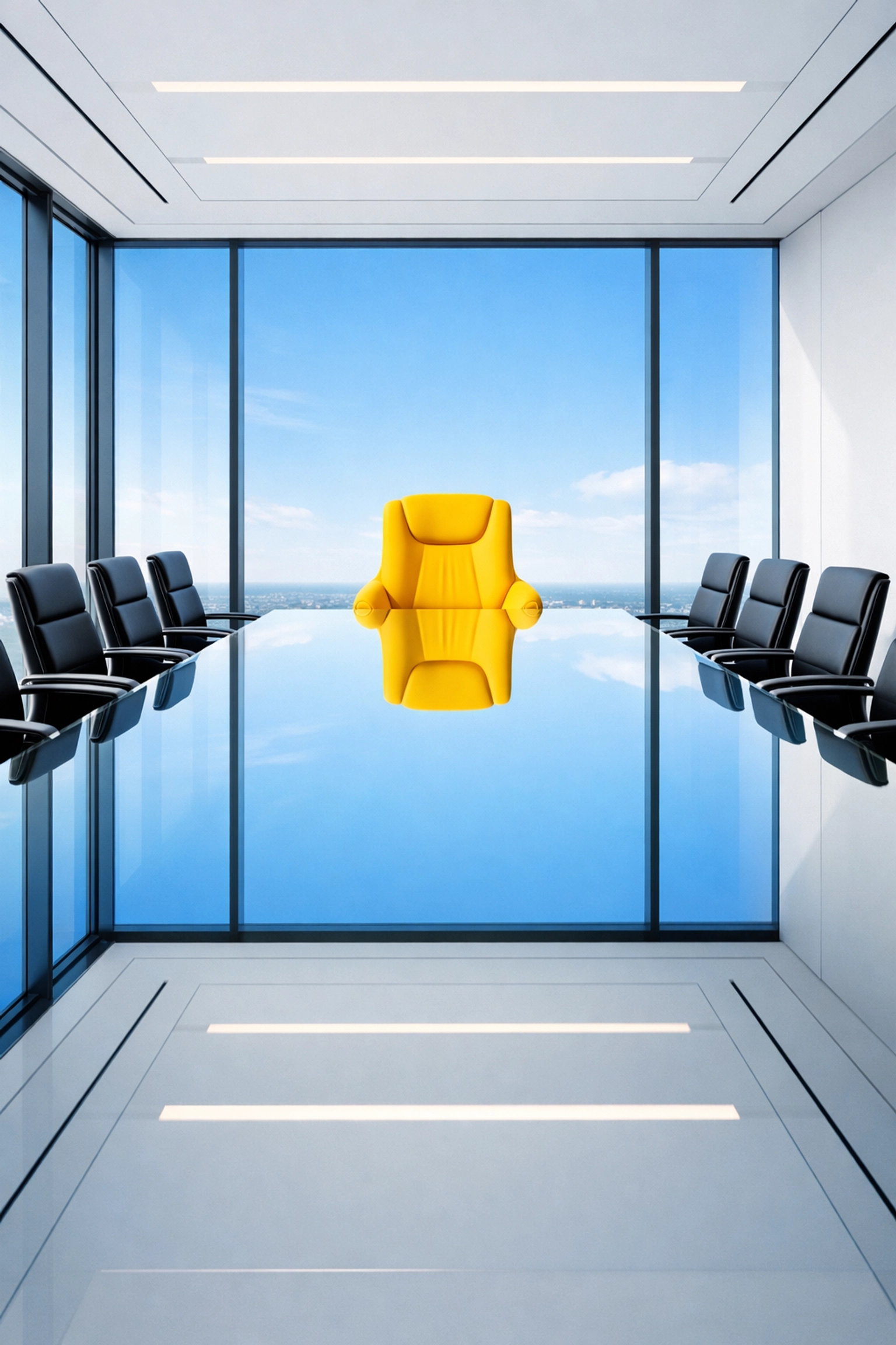 Impeccably clean Ludlow executive boardroom with a streak-free glass conference table.