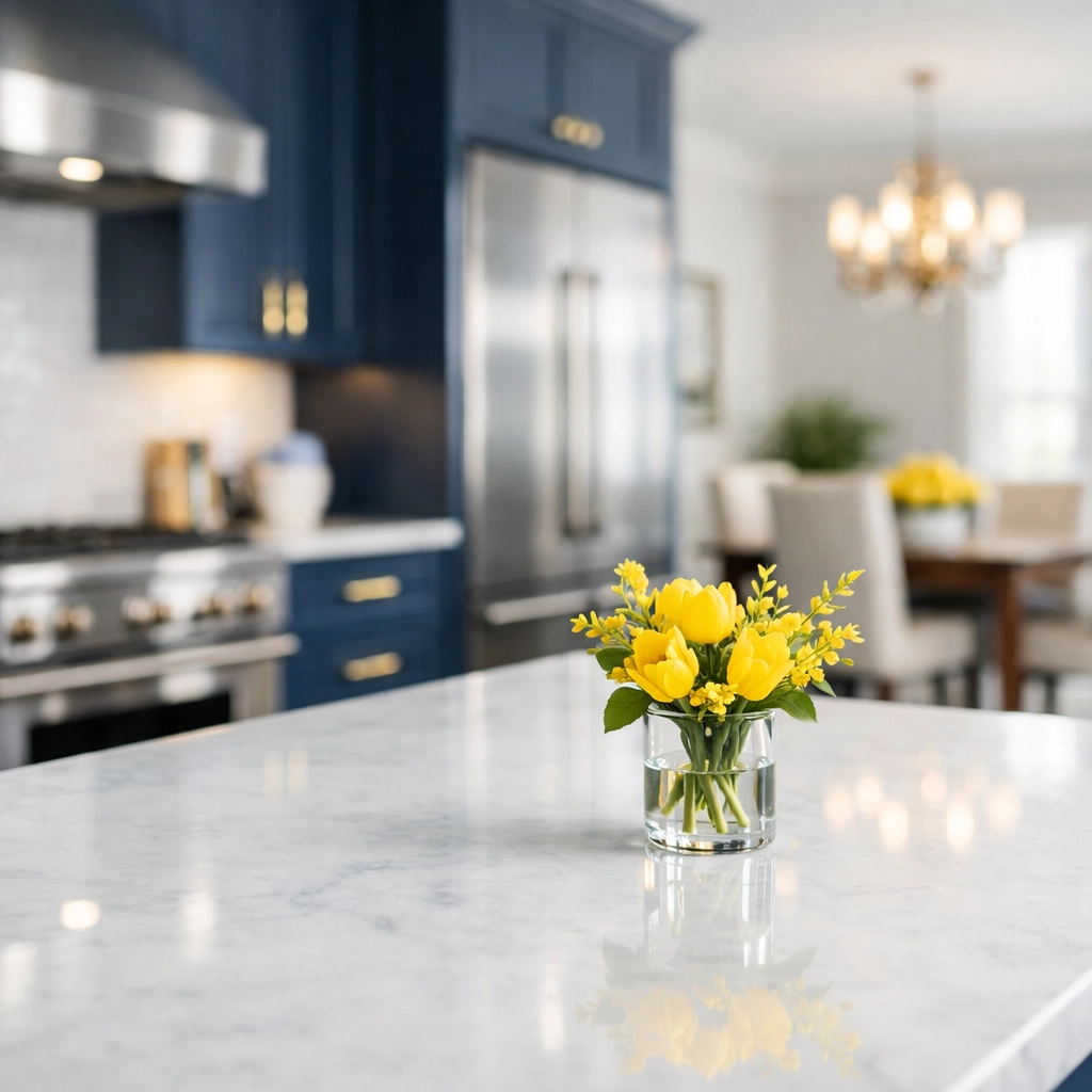 Clean luxury kitchen with marble countertops after a deep cleaning Waltham MA session.
