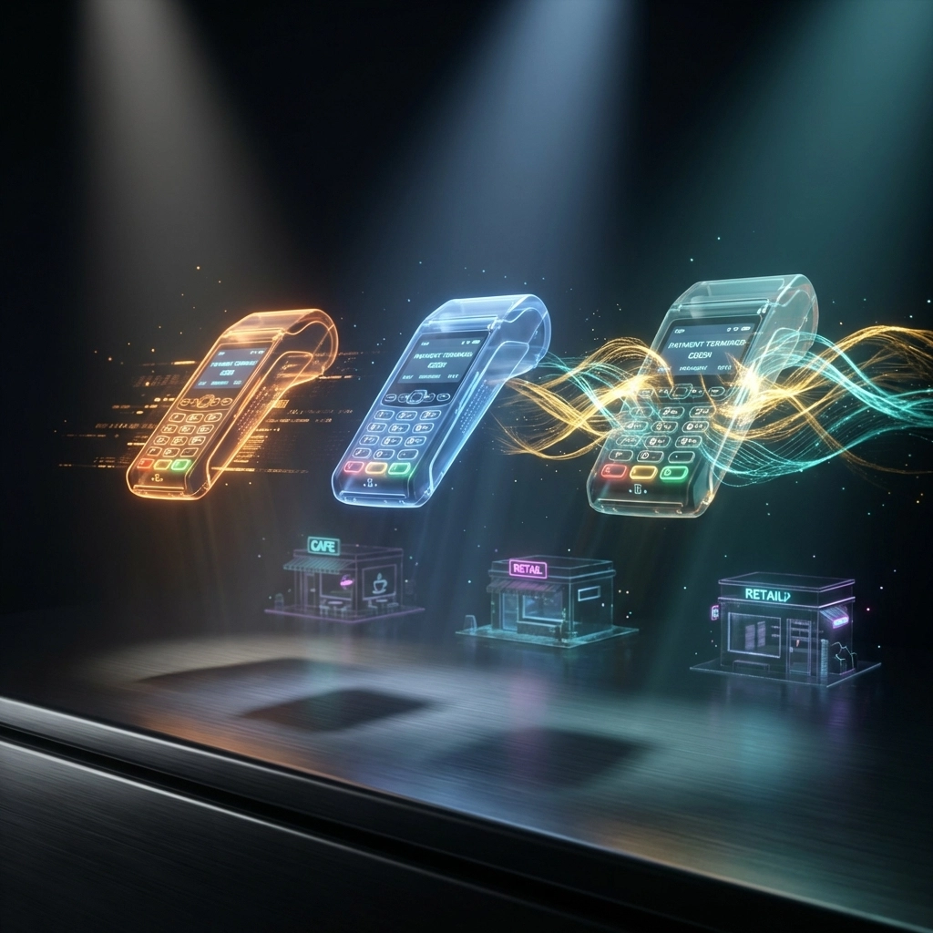 Futuristic digital comparison of crypto POS systems for small businesses with glowing terminals and storefronts