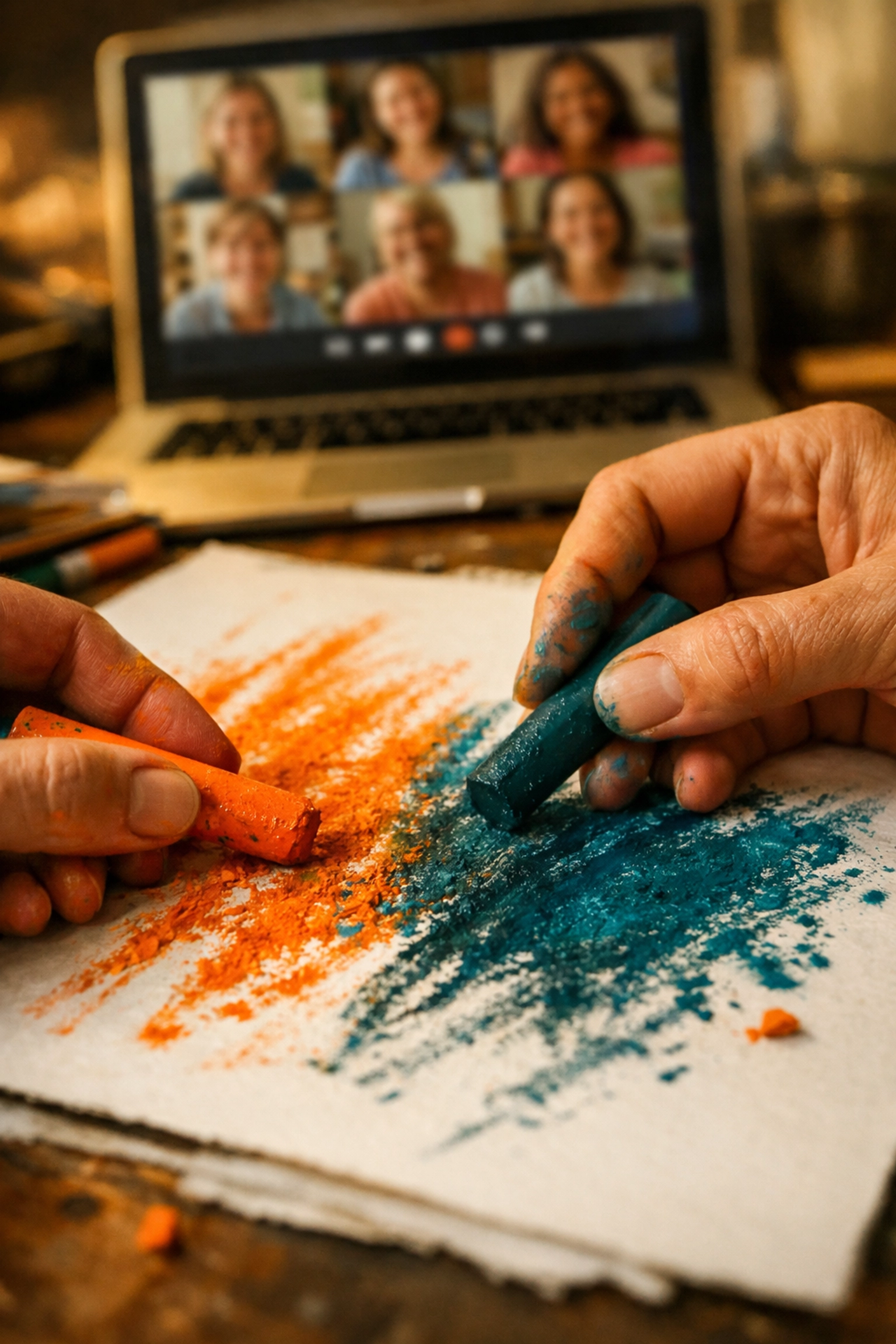 Close-up of hands using oil pastels during a virtual team building session for creative well-being.