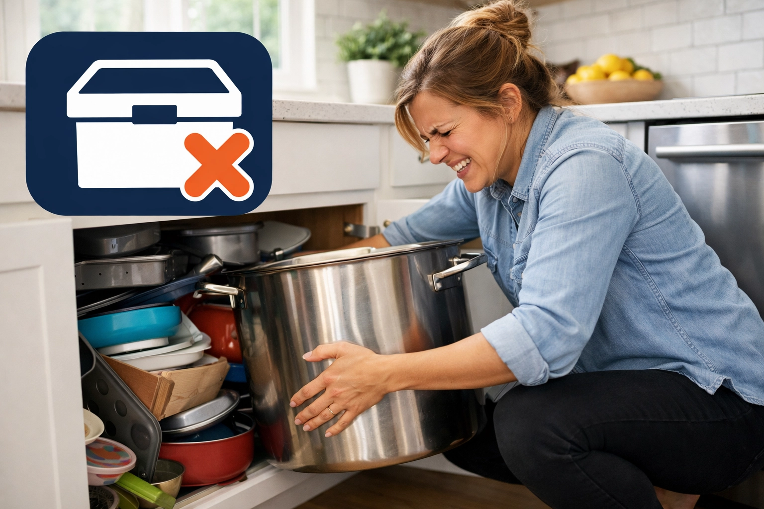 Person struggling to store a giant stock pot in a cluttered kitchen cabinet.