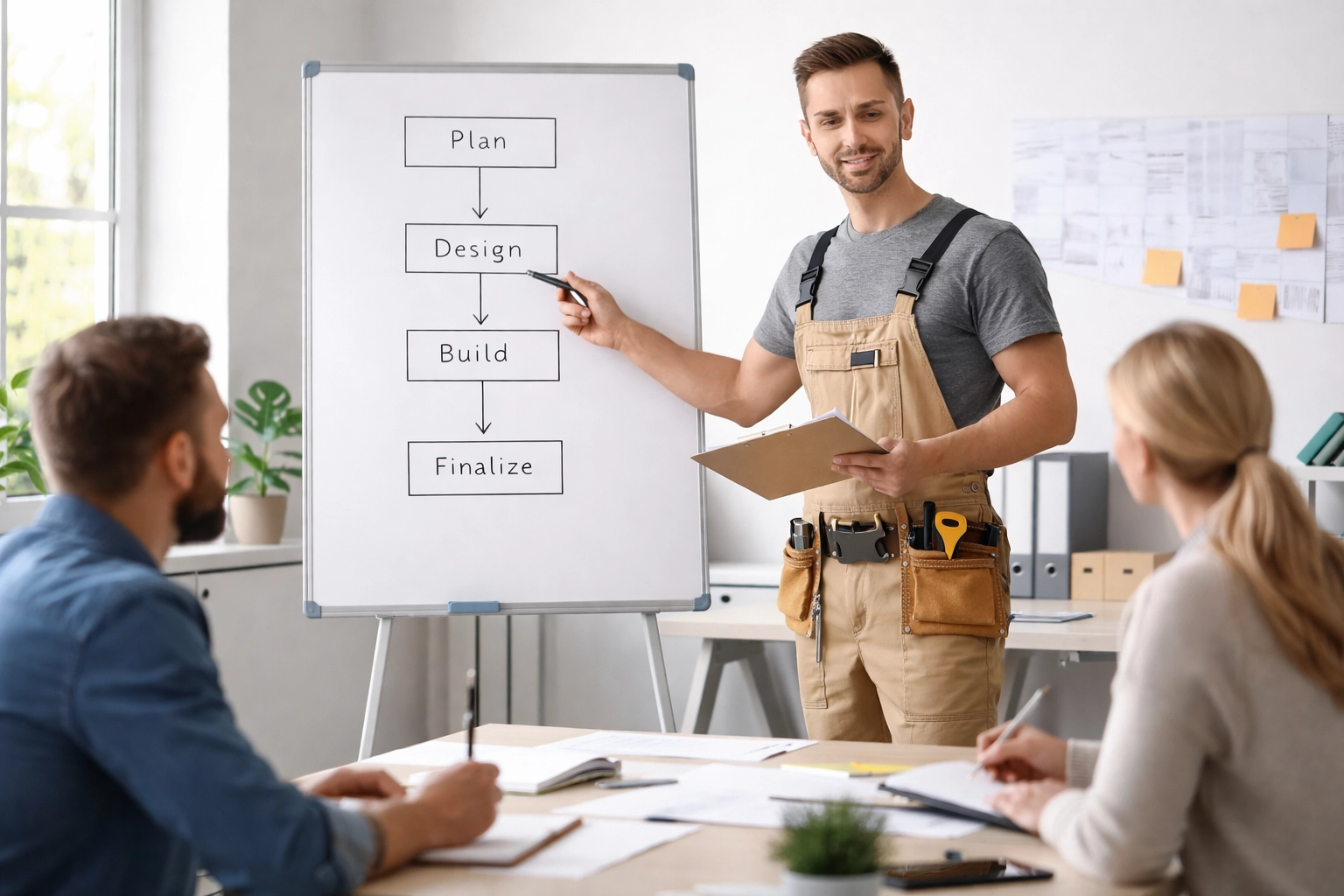 Confident contractor leads a team meeting at a whiteboard, representing leadership transition and business systems.