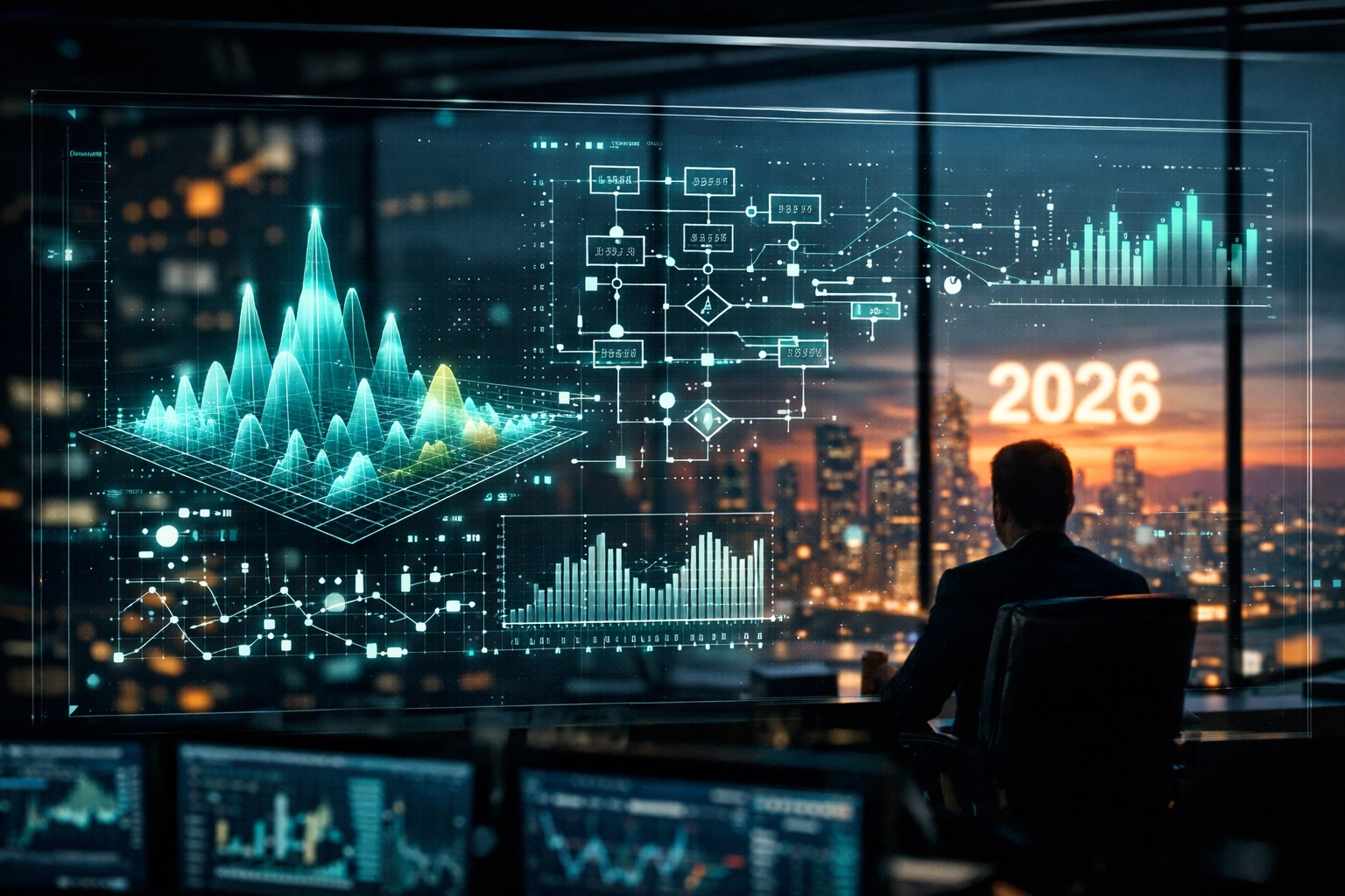Investment professional analyzing quantitative data charts for discretionary macro hedge fund strategies.