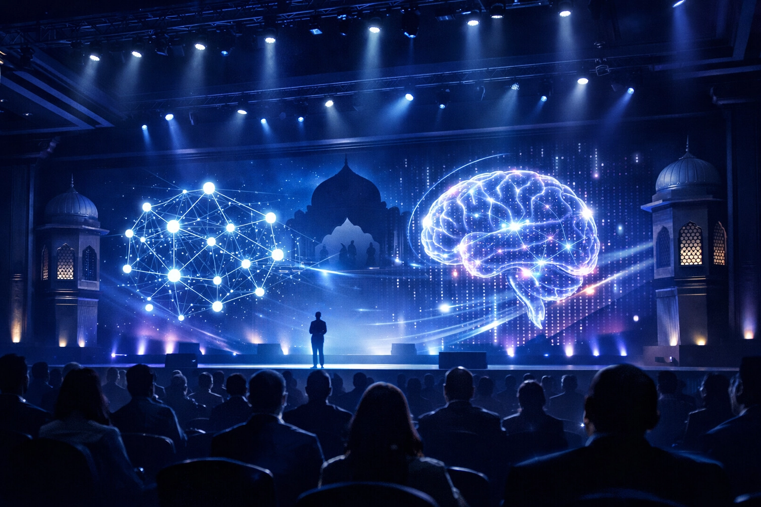 India AI conference hall with holographic displays and attendees at technology summit