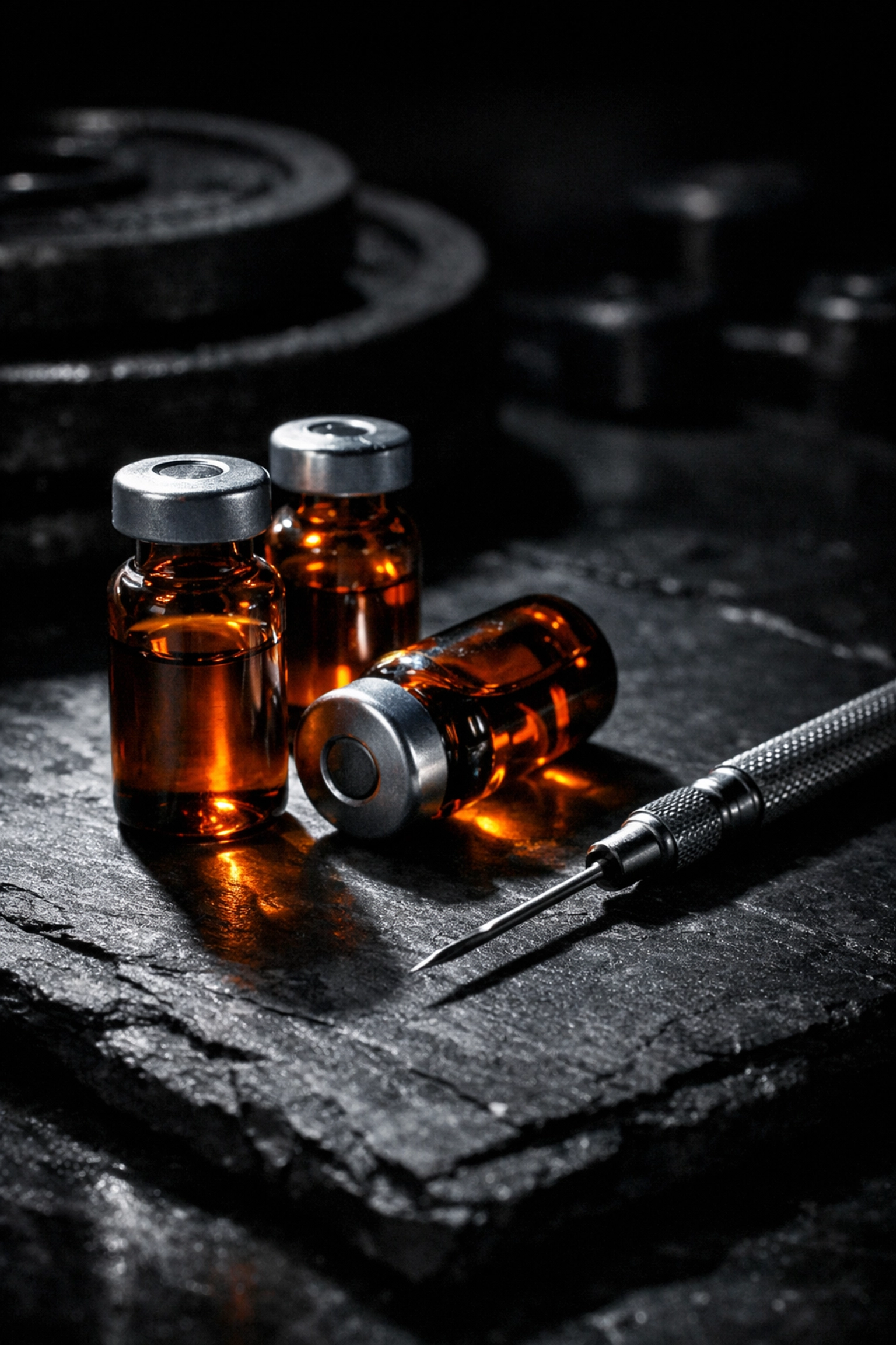 Glass vials and tools representing secondary compound management and biomarker tracking in coaching.