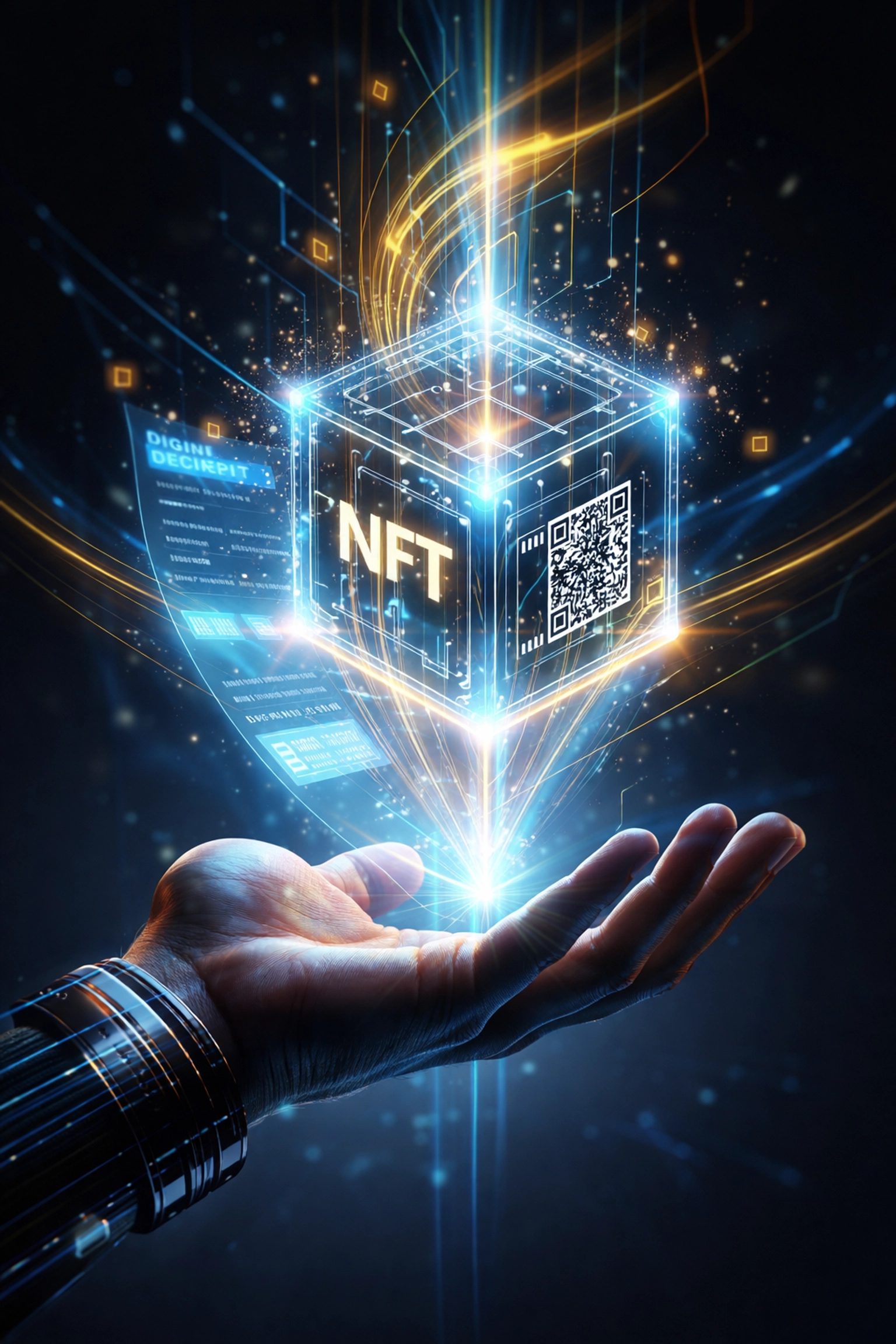 A hand holds a digital NFT cube, representing blockchain-based NFT receipts and secure crypto payment verification.