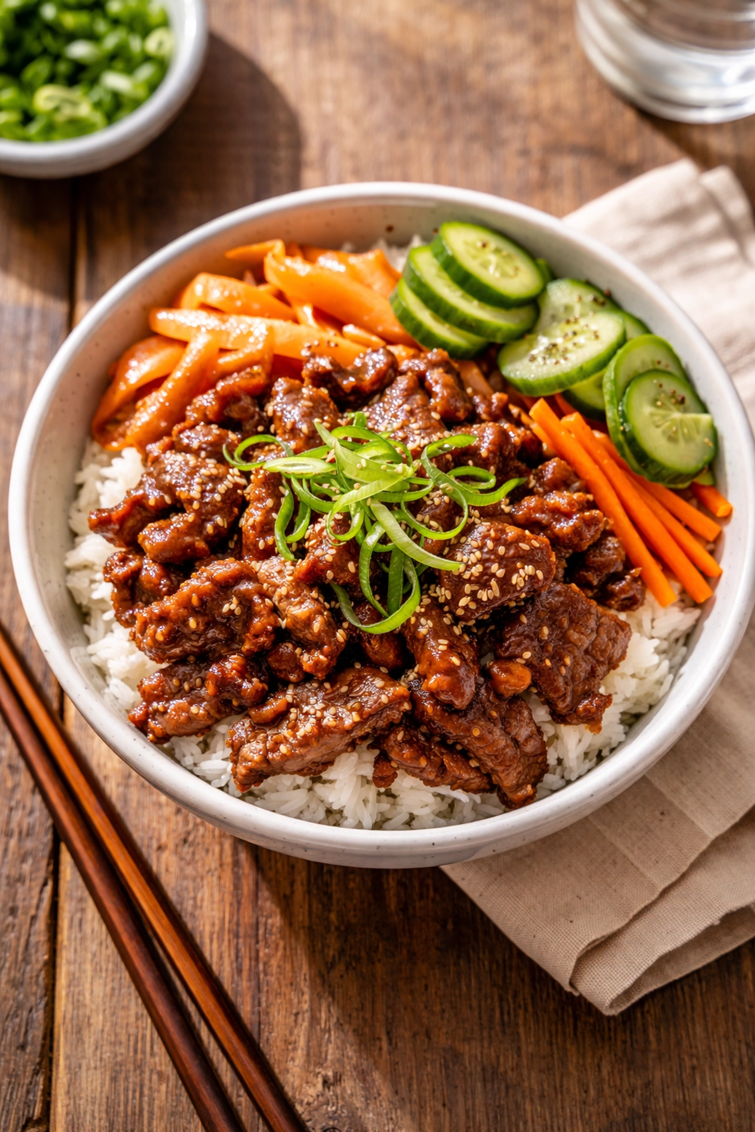 Overhead view of a bulgogi rice bowl with soy-marinated beef, steamed rice, green onions, and pickled veggies