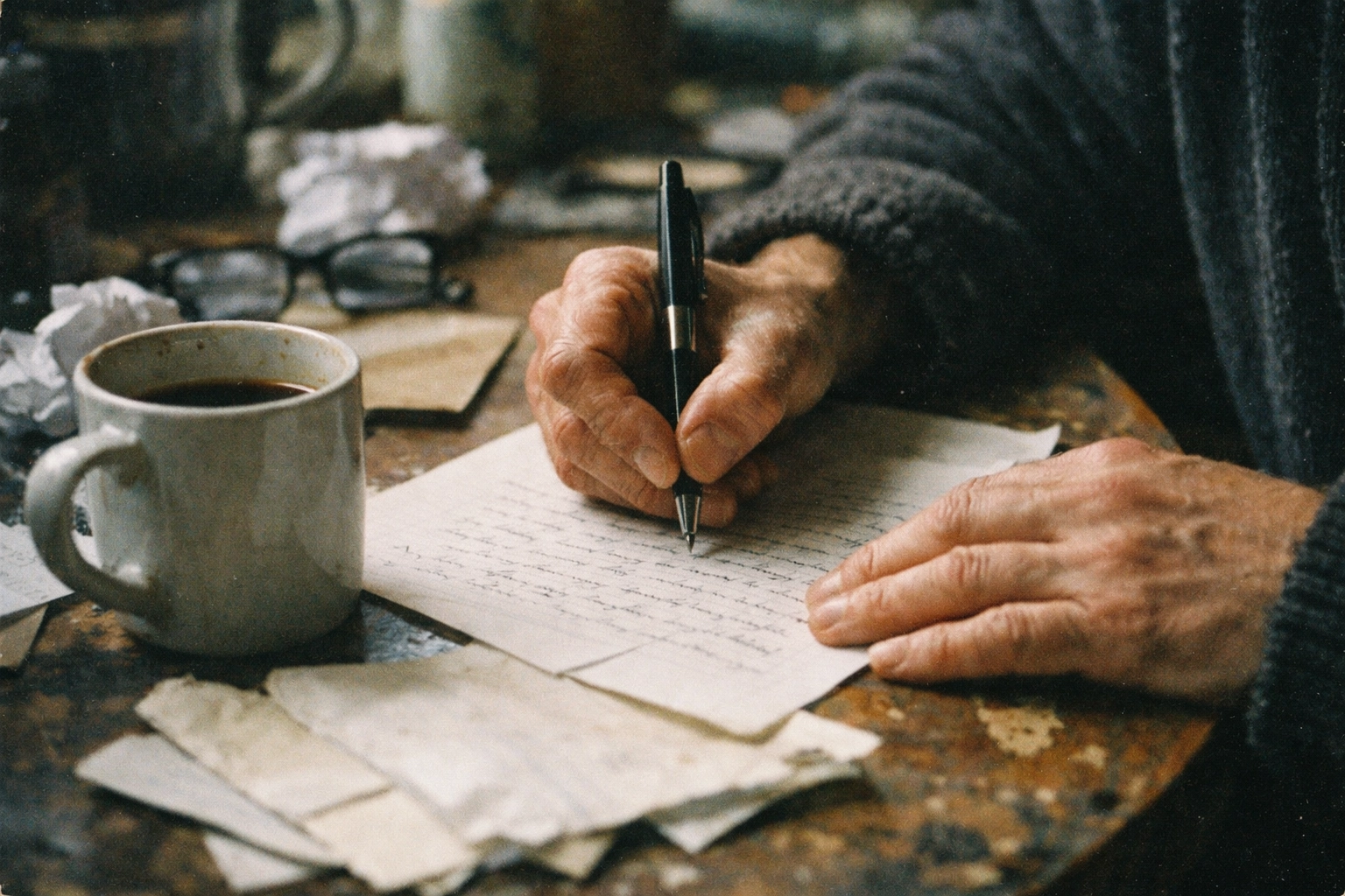 Hands writing a letter in moody natural light at a kitchen table