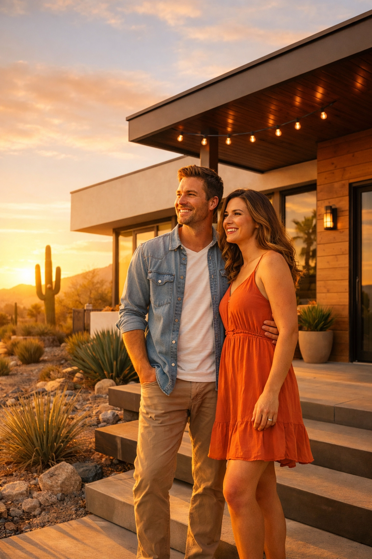 Happy couple on the porch of a Phoenix home after selling their house with expert help.