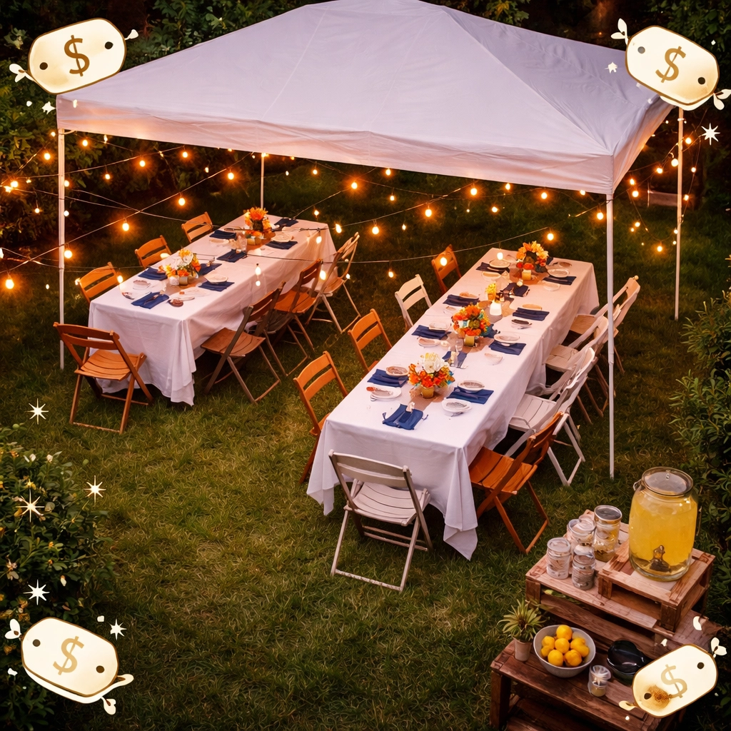 Overhead view of a beautifully decorated backyard event setup with rented tables, chairs, and decor, illustrating affordable party planning