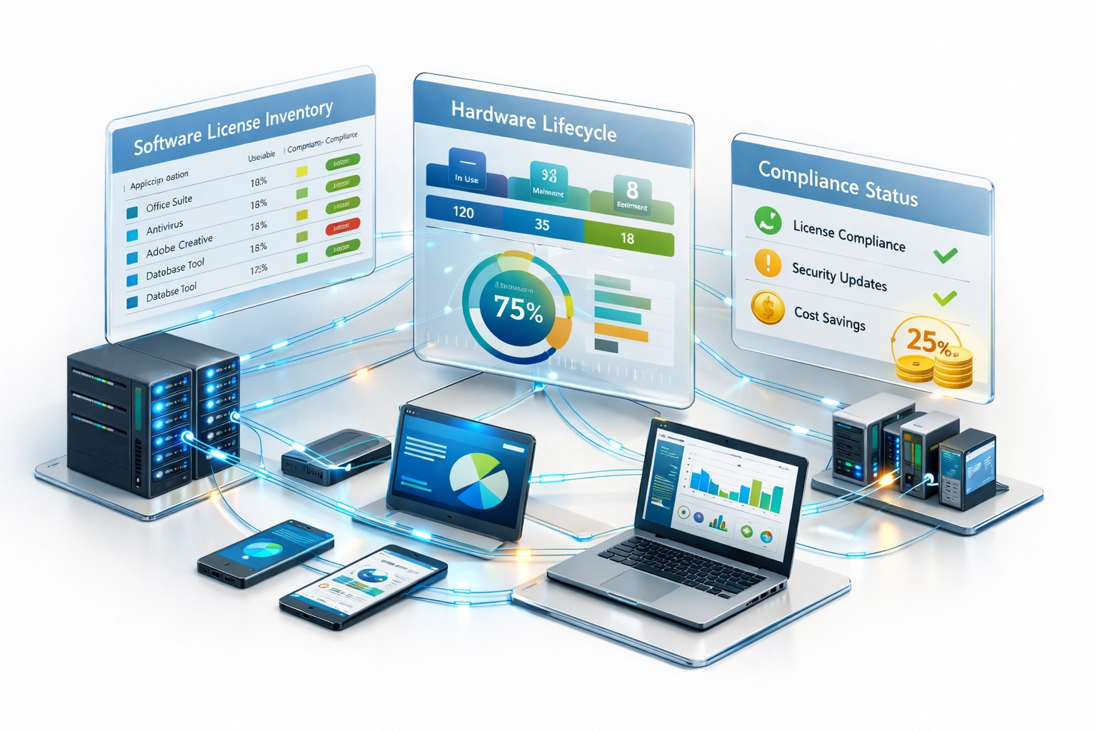 ITAM software license management system displaying hardware lifecycle and compliance optimization