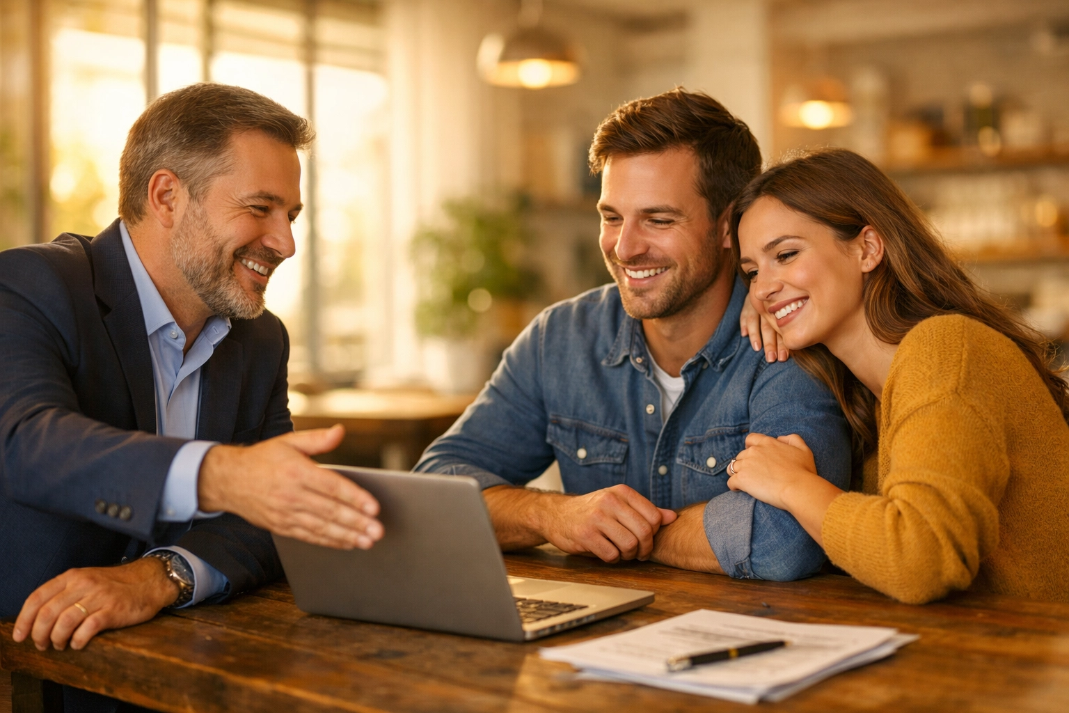 A professional mortgage advisor offering expert support to a young couple in a modern UK office.