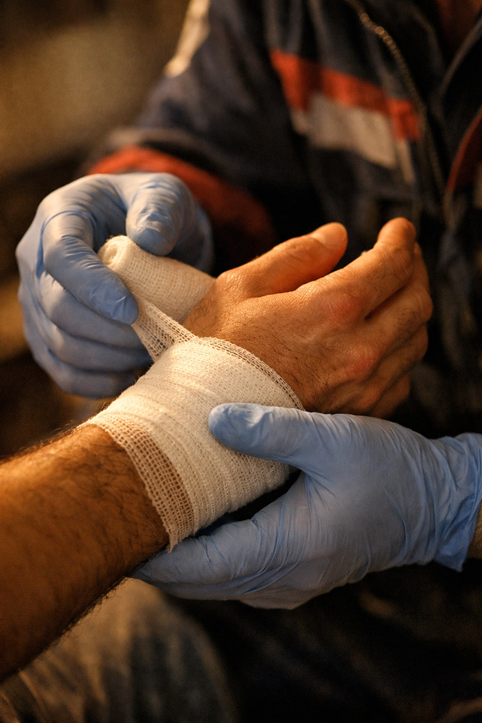 Tender care as EMT wraps gauze on man's wrist - gay romance hurt comfort trope