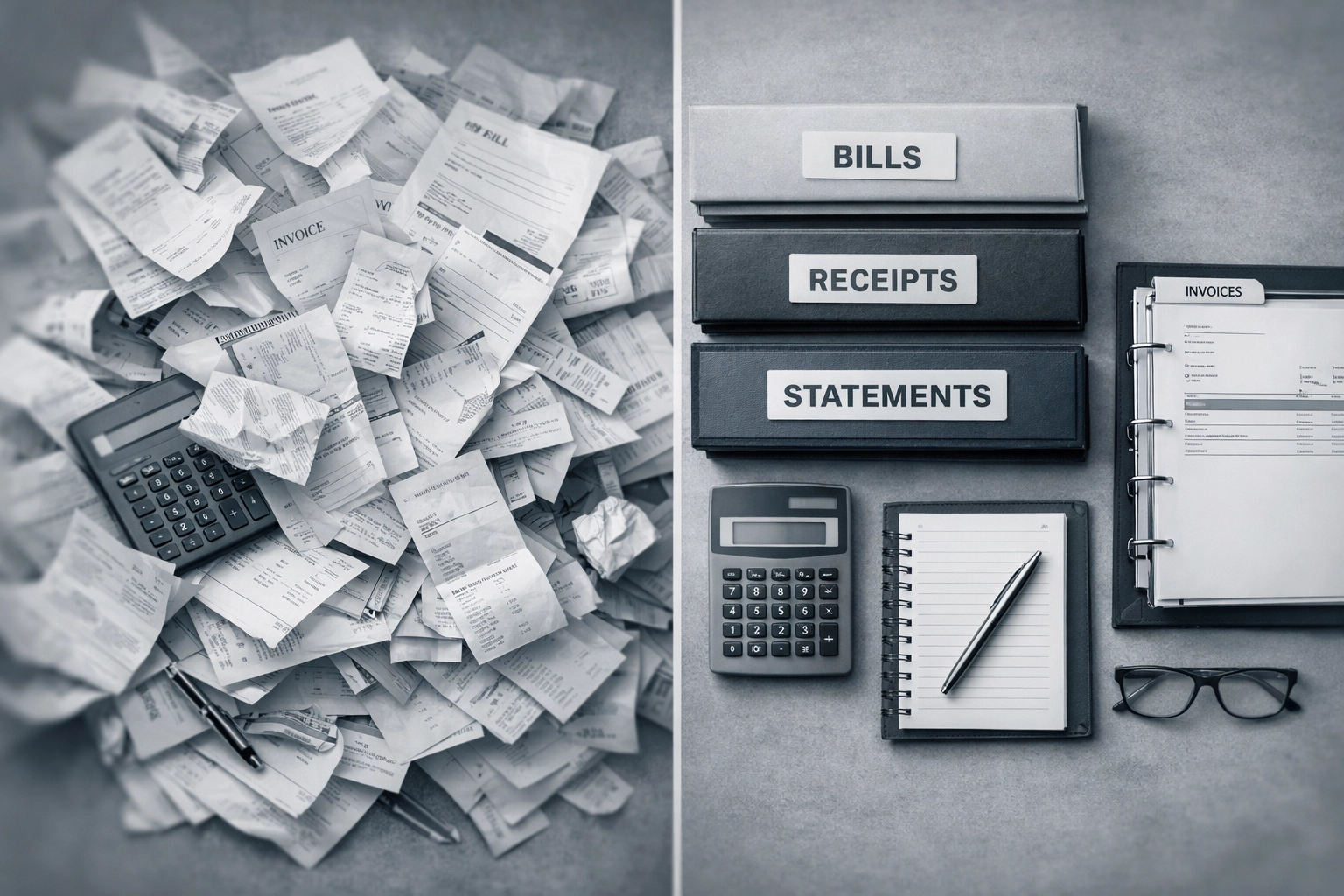 Comparison of disorganized receipts versus neatly organized bookkeeping files and folders