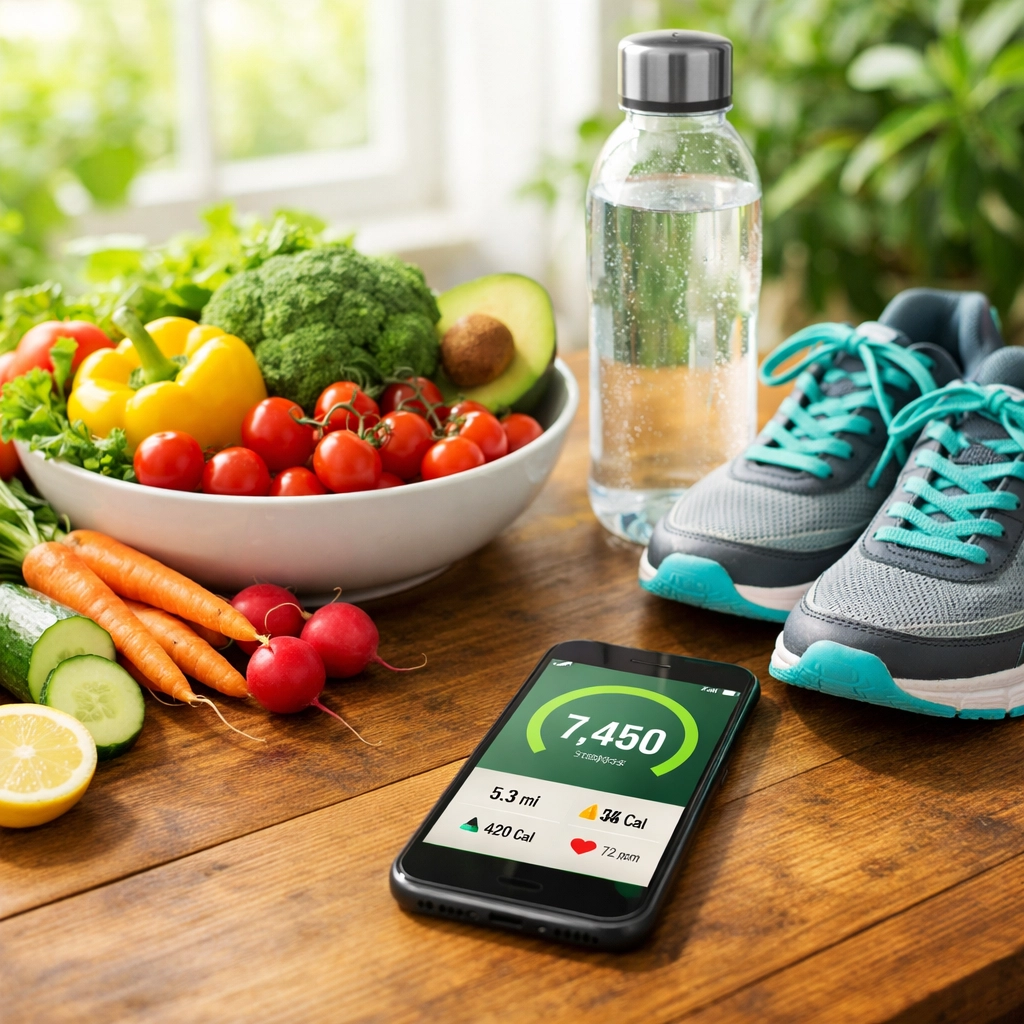 Healthy lifestyle essentials including fresh vegetables and exercise equipment for weight loss