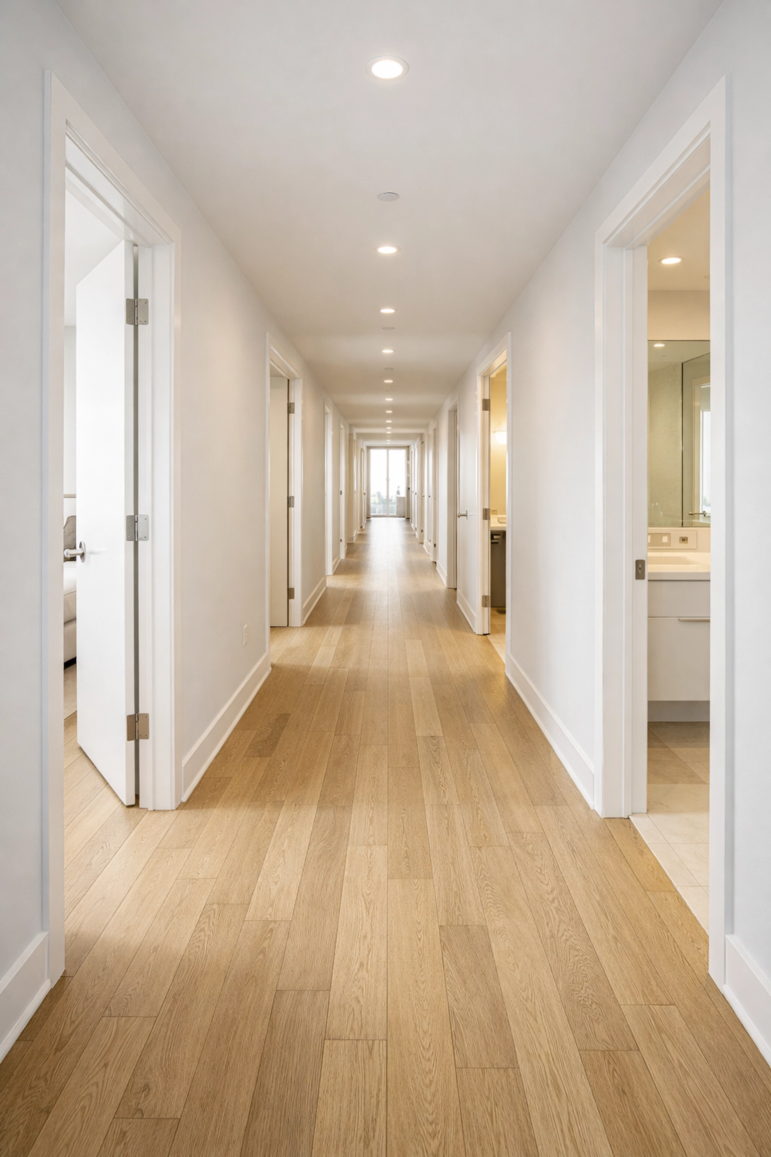 Clean sunlit hallway in a Chicago apartment complex ready for a professional tenant move-in.