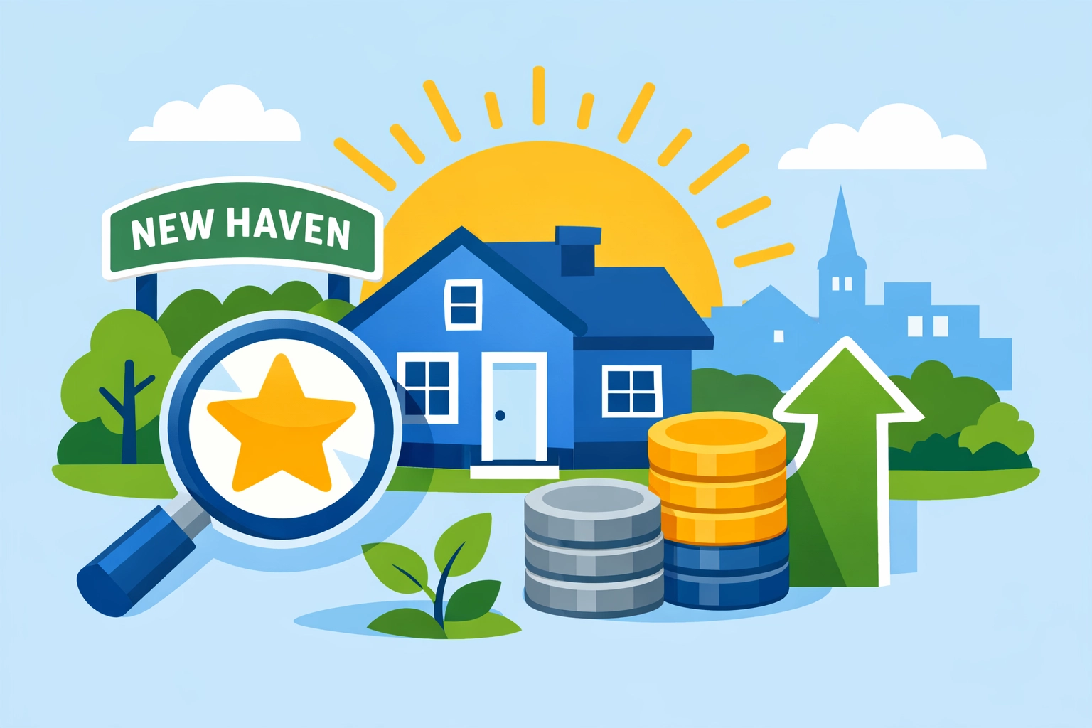 Magnifying glass identifying Connecticut tax credits and savings for New Haven homeowners.