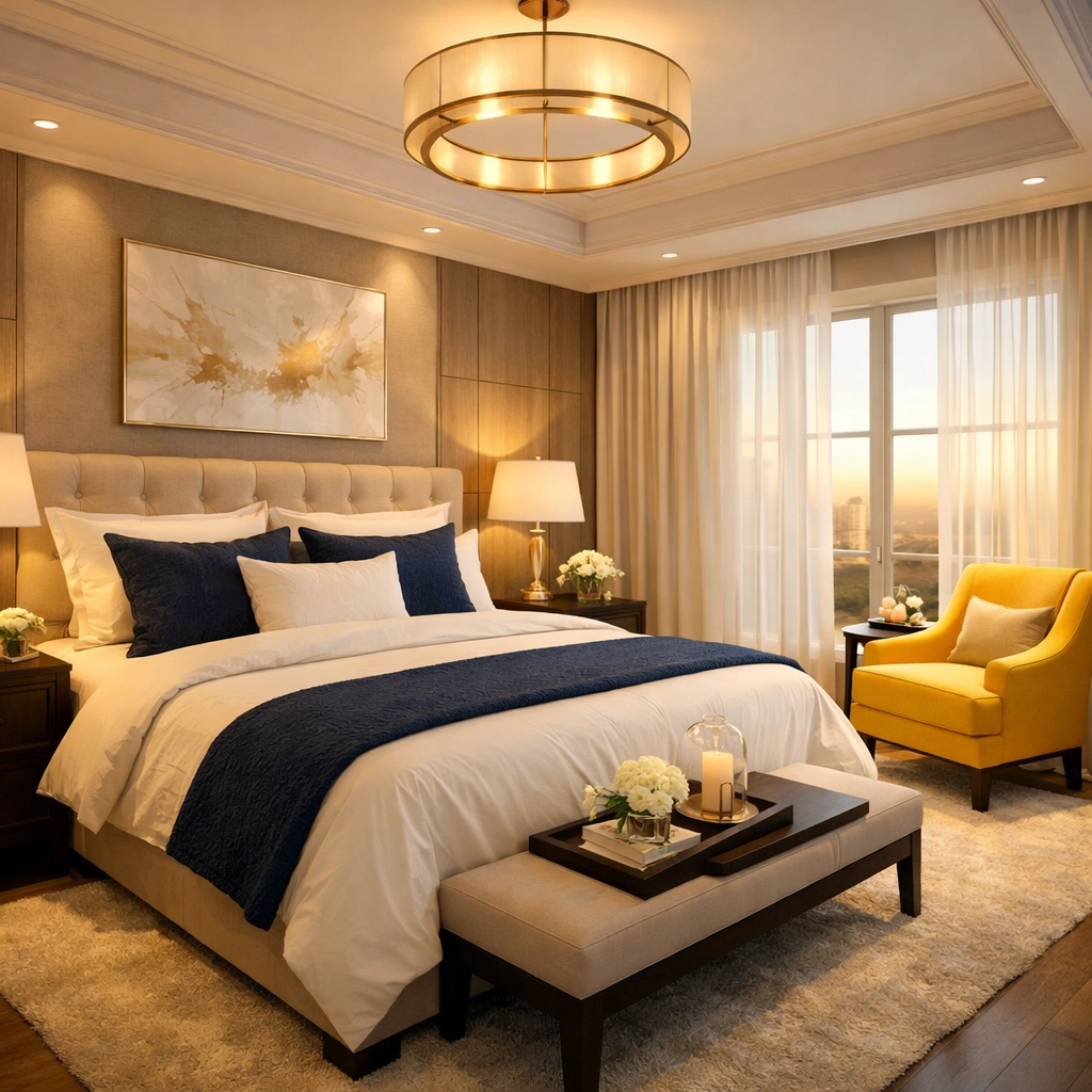 Dust-free luxurious master bedroom showcasing the results of house cleaning in Pepperell MA.