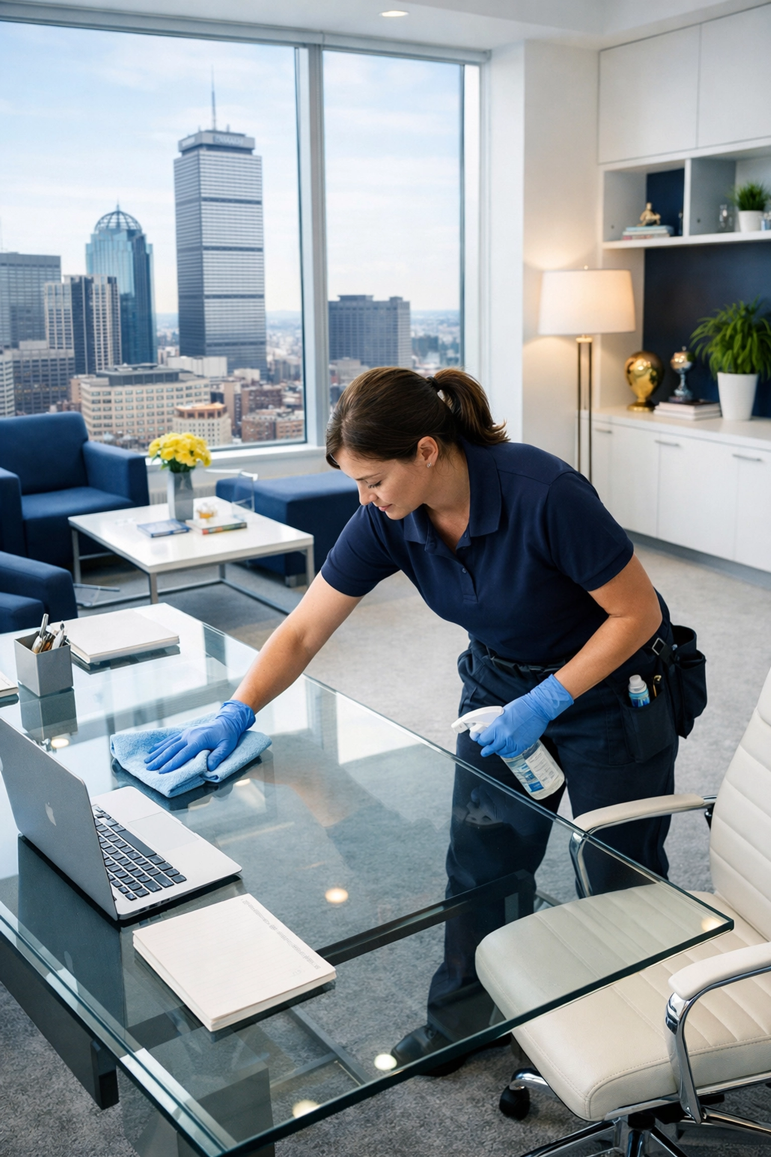 Professional janitorial services Massachusetts cleaner sanitizing a glass desk in a modern office.