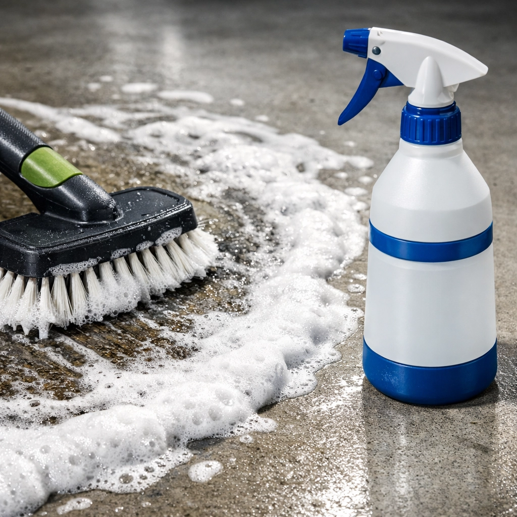 Close-up of scrubbing garage floor stains with eco-friendly cleaning products.