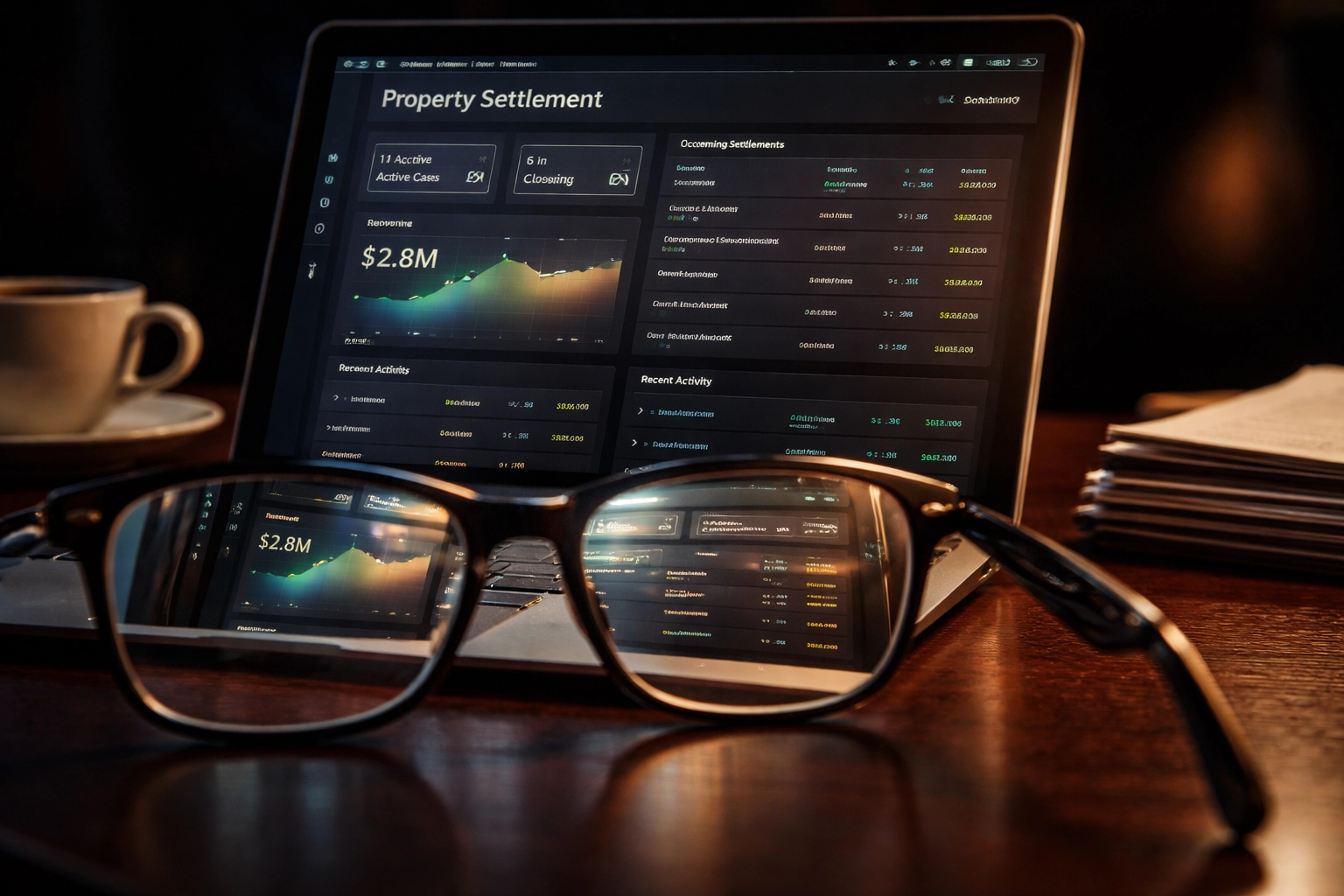 Close-up of laptop with property settlement dashboard and legal paperwork, highlighting expert conveyancing support