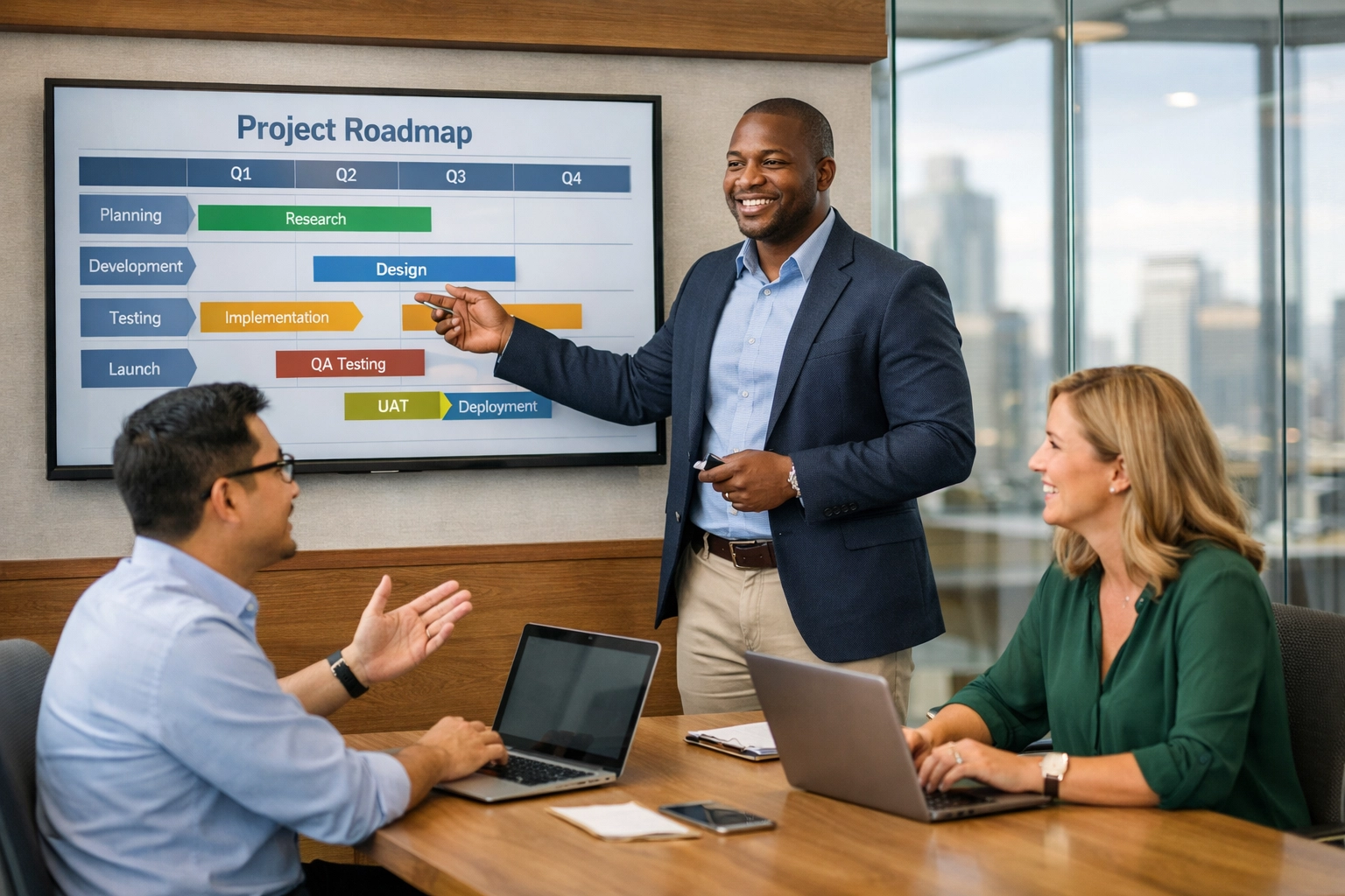 ServiceNow consultants collaborating on a strategic project roadmap for a phased Xanadu rollout.