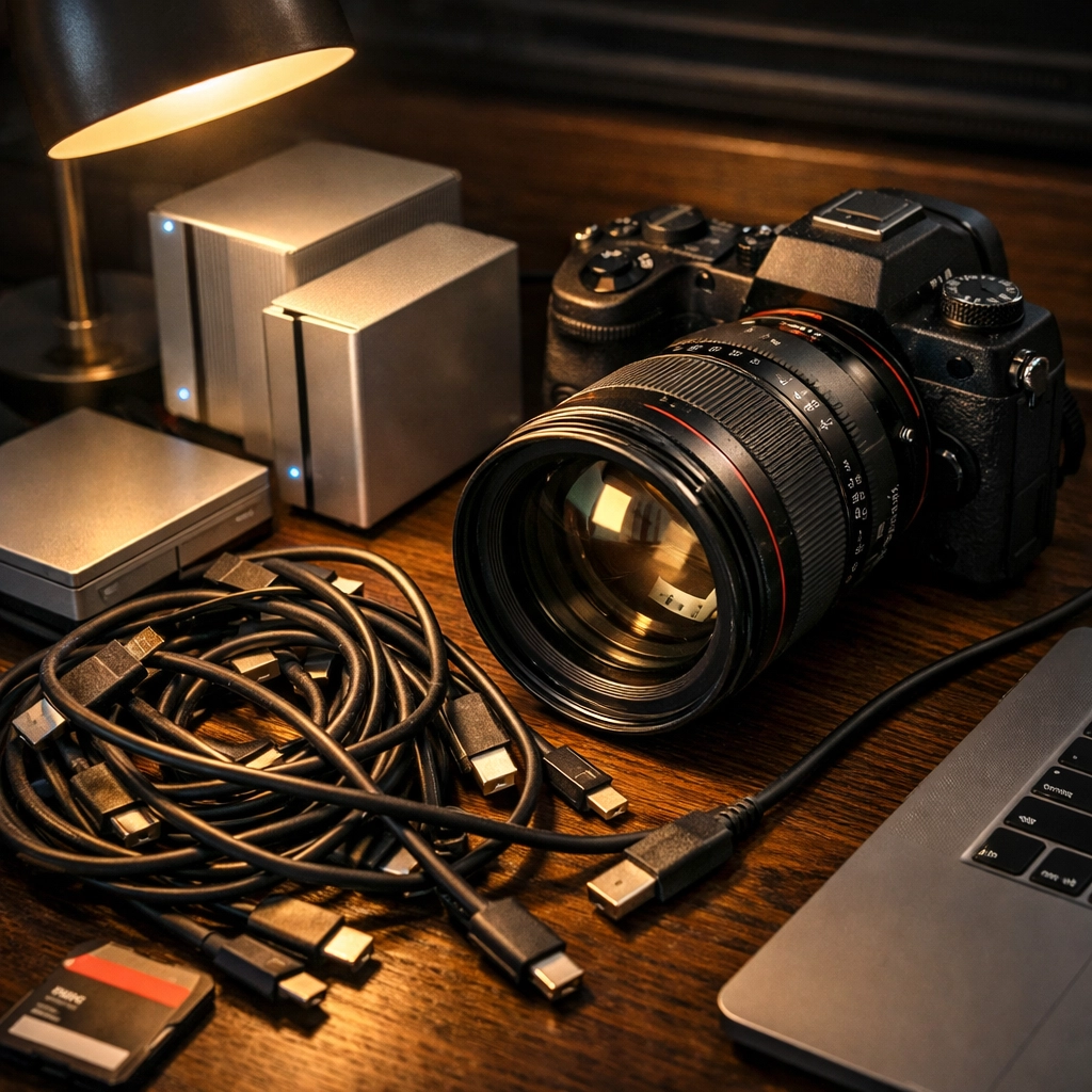 Essential photography gear and hard drives on a desk, representing slow uploads and large image files.