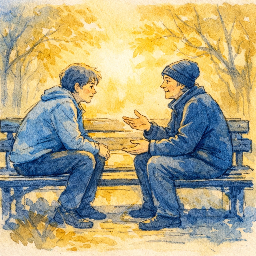 Two people engaged in active listening conversation on park bench