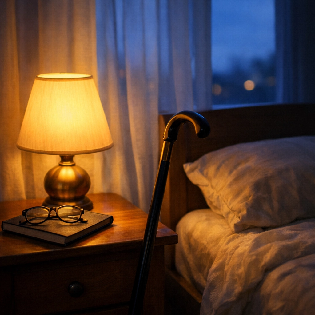 Bedroom nightstand with lamp, glasses, and walking cane at dusk showing nighttime visibility challenges