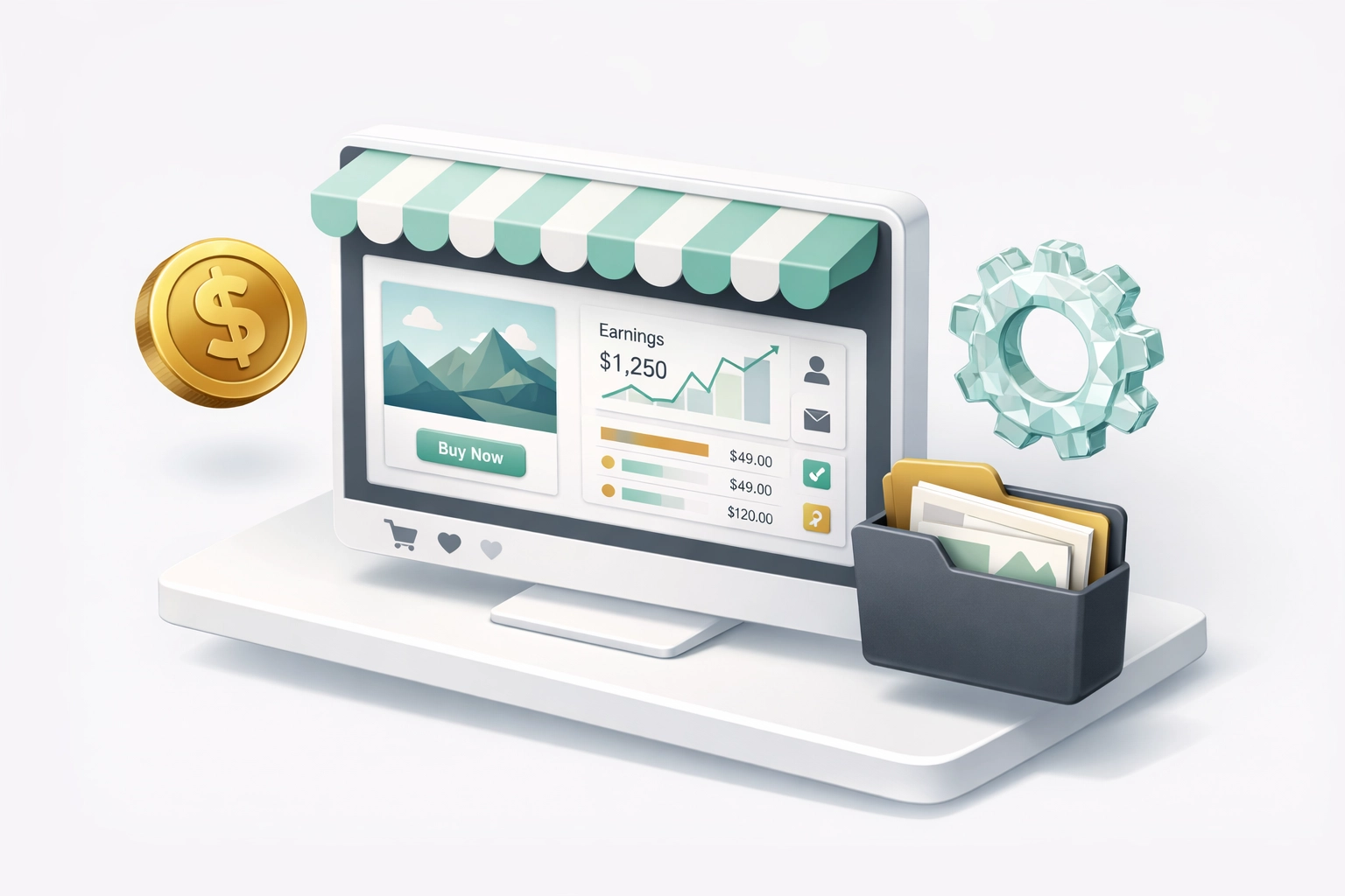 Minimalist digital storefront dashboard with icons for online assets, showcasing passive income side hustles.