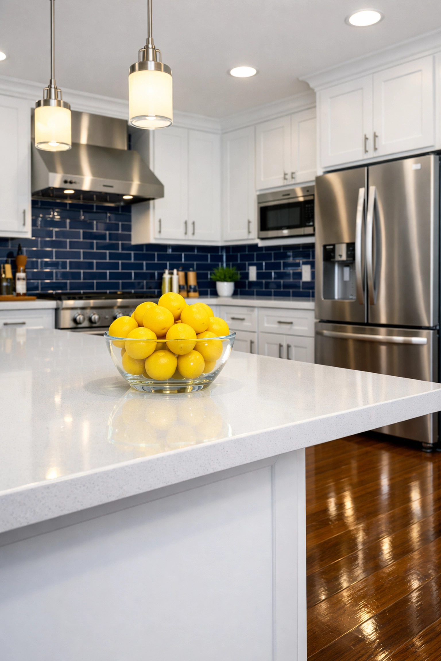 Professional weekly cleaning in a luxury Shrewsbury kitchen with polished hardwood floors.