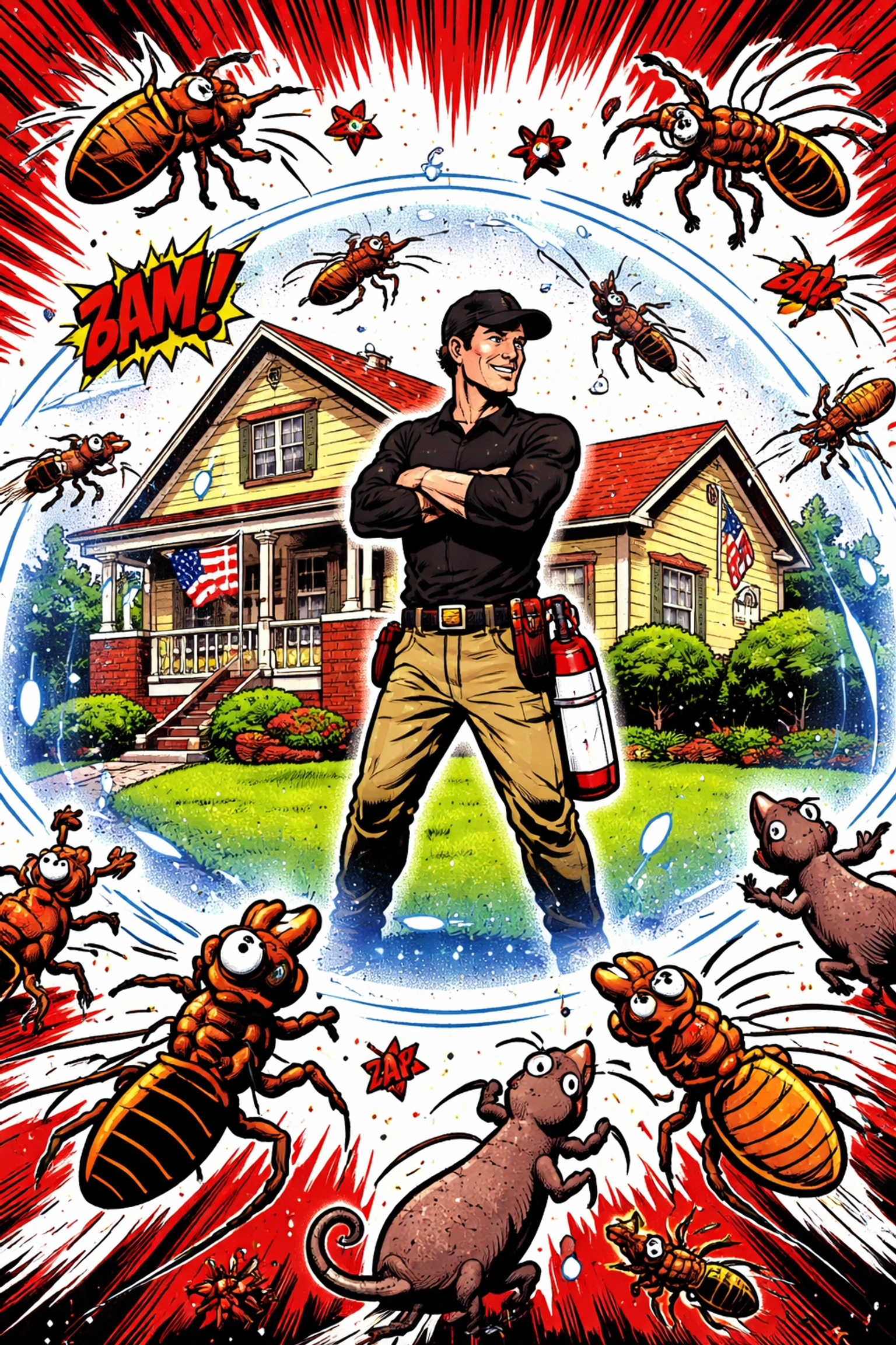 Alabama home shielded by local pest control technician as termites and mosquitoes are repelled, illustrating complete pest protection.
