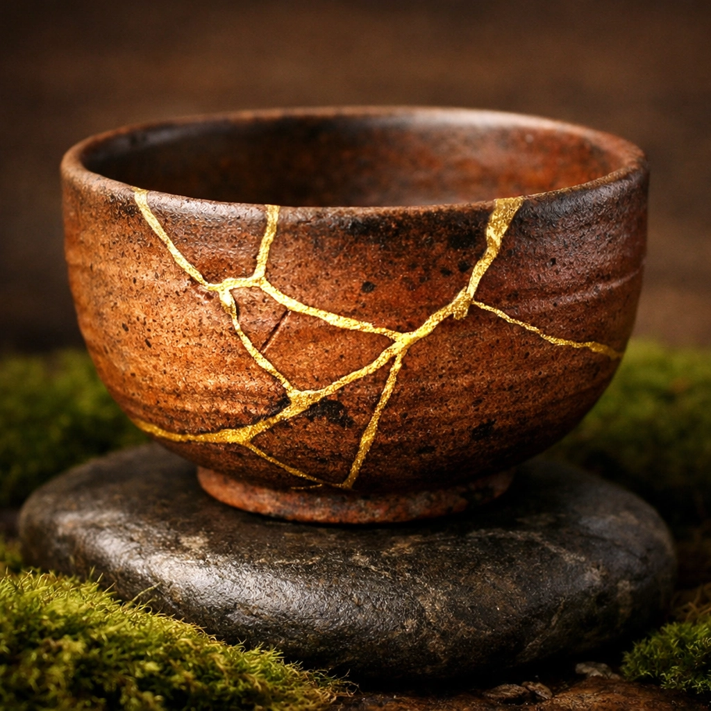 Kintsugi bowl mended with gold representing resilience and healing core wounds through the Chiron Effect.