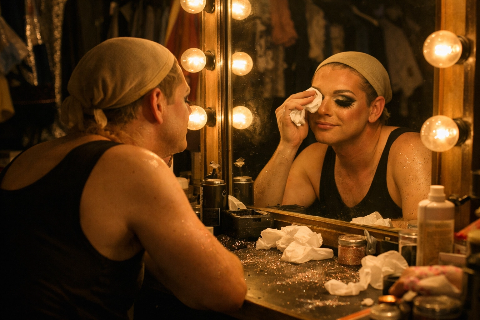 Drag queen removing makeup at vanity mirror after late night performance