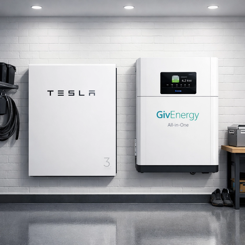 Tesla Powerwall 3 and GivEnergy All-in-One battery storage in a UK home.