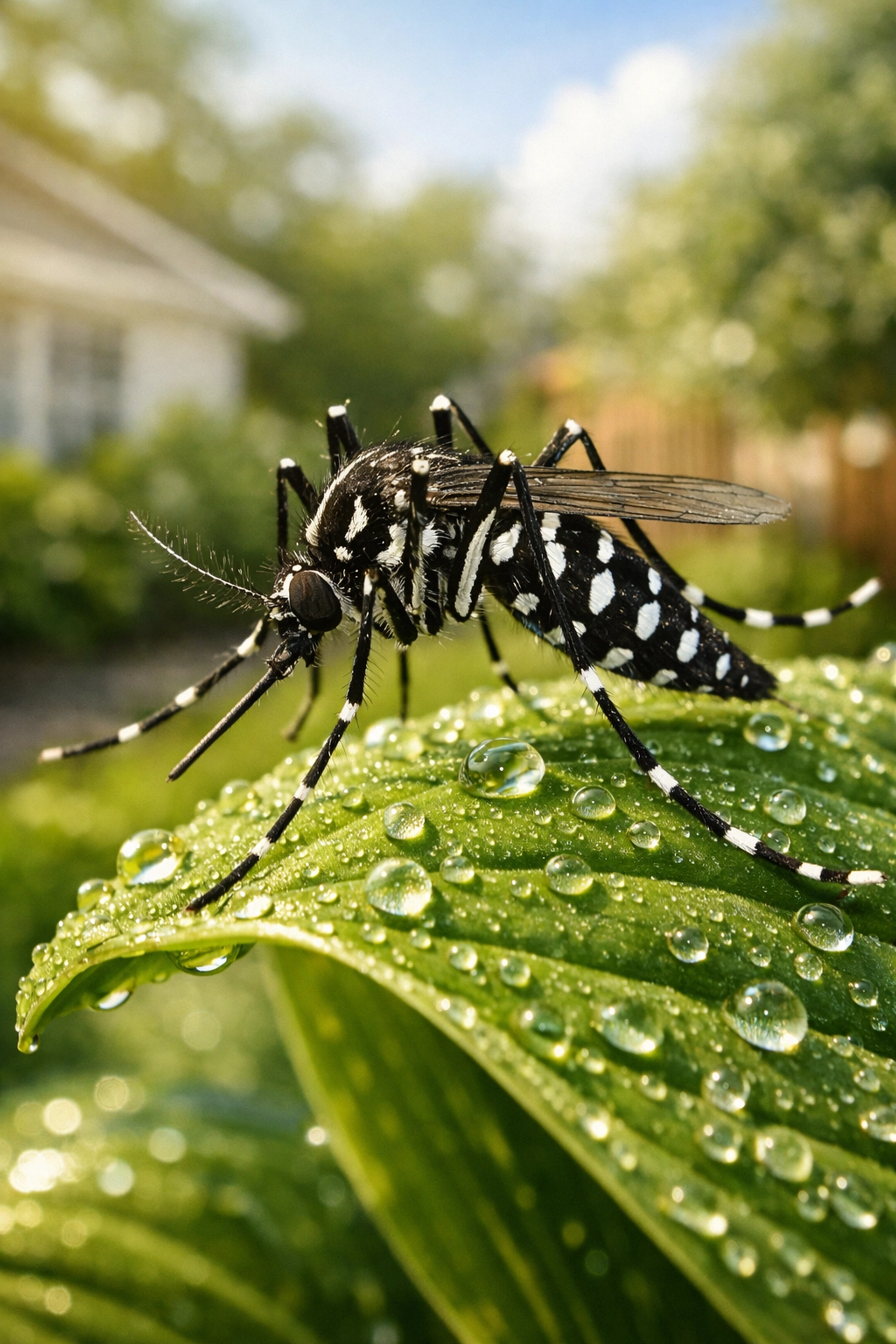 Close-up of an Asian Tiger mosquito in a White Plains garden, showing the need for professional pest management.