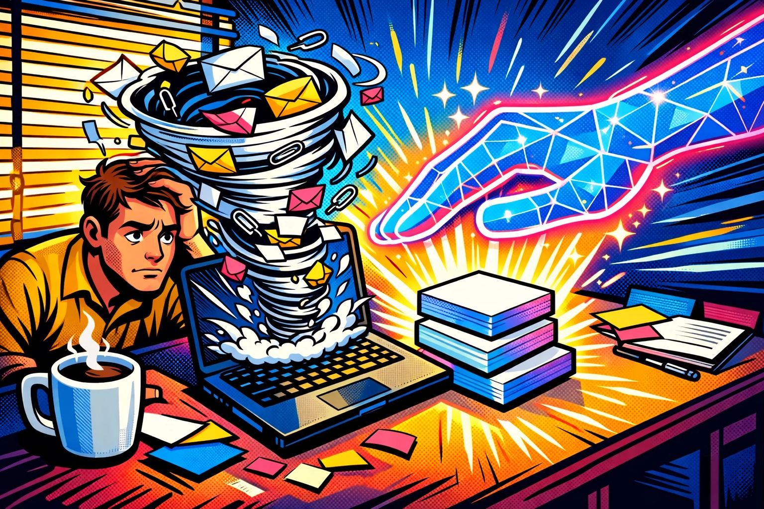 AI virtual assistant for business organizing a chaotic email inbox into neat and concise summaries.