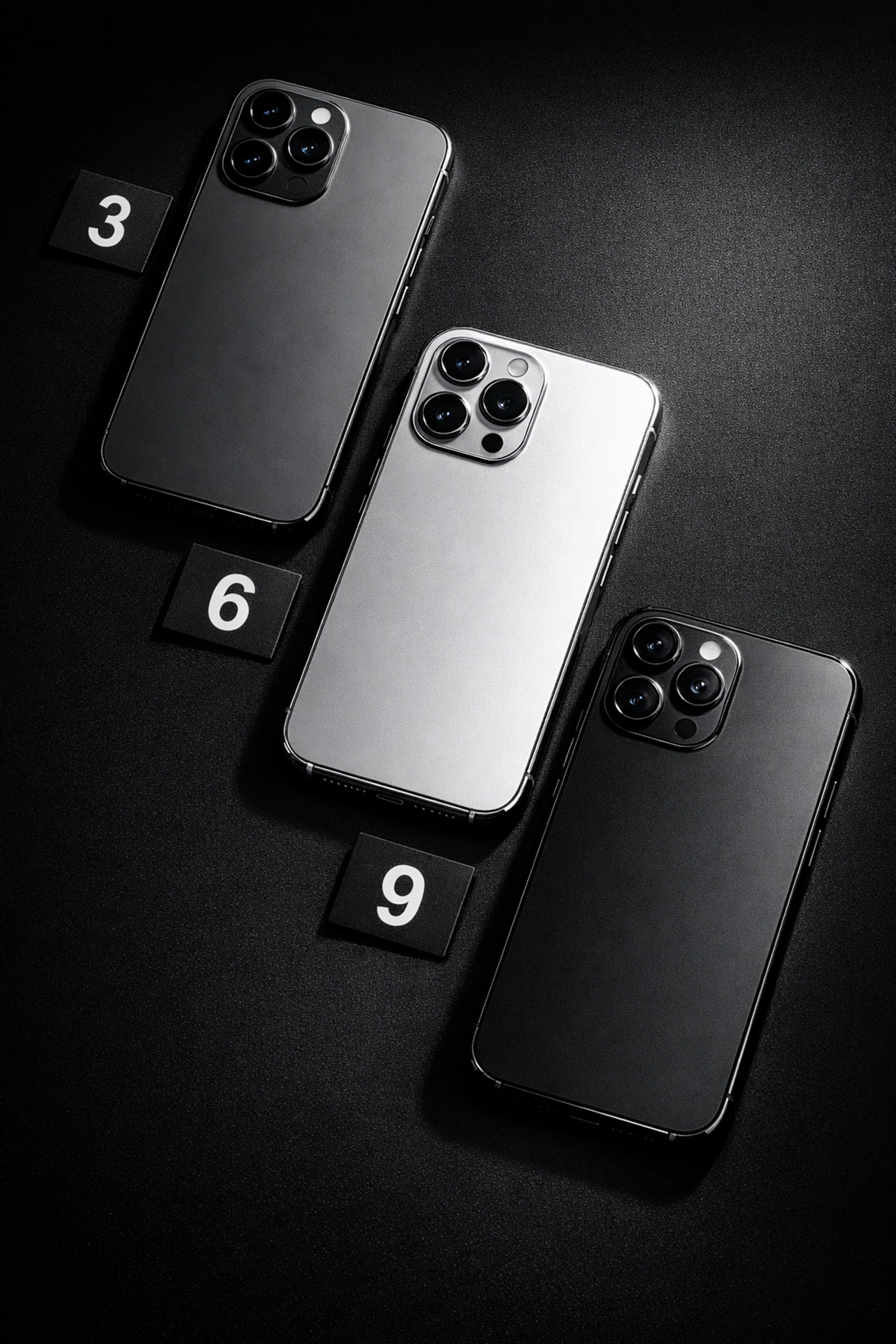 Three phones displaying different repairability scores from low to high