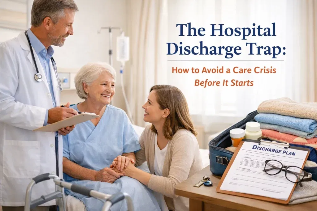 A doctor discusses discharge plans with an elderly woman and her family member in a hospital room.