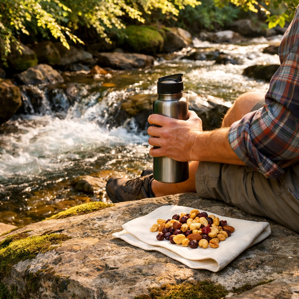 Hiker refueling with water and snacks by a mountain stream on a scenic UK hiking trail.