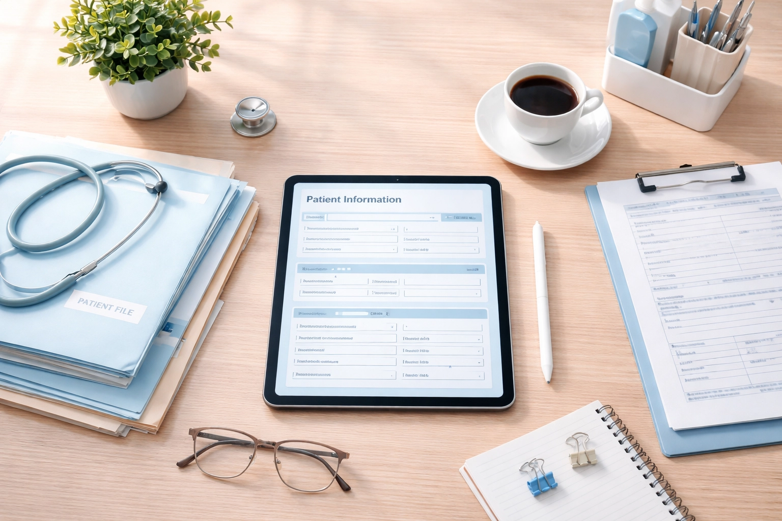 Organized desk with medical billing documents and tablet highlighting accurate telehealth documentation