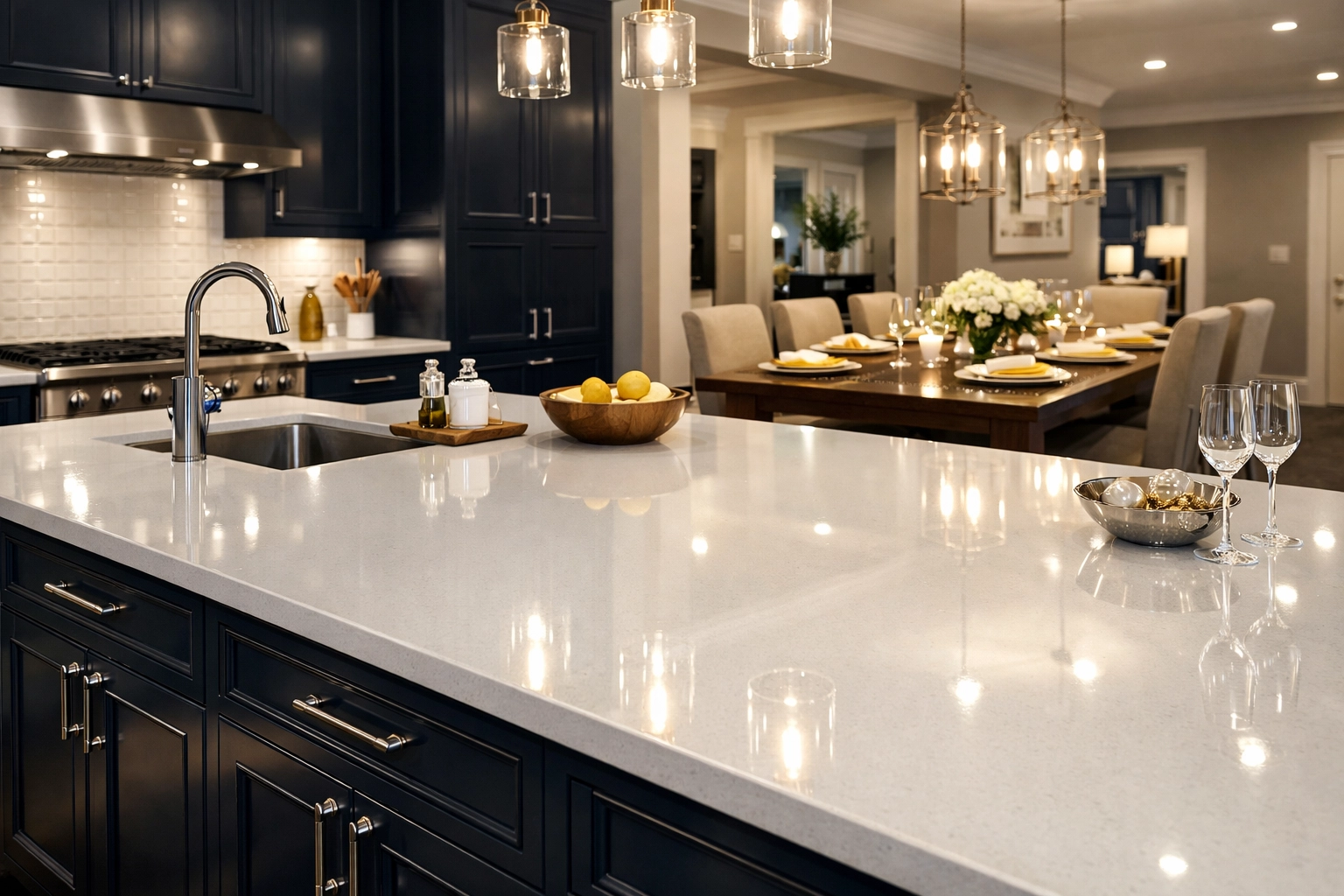 Shining quartz countertops in a luxury kitchen professionally polished by cleaning services near me.